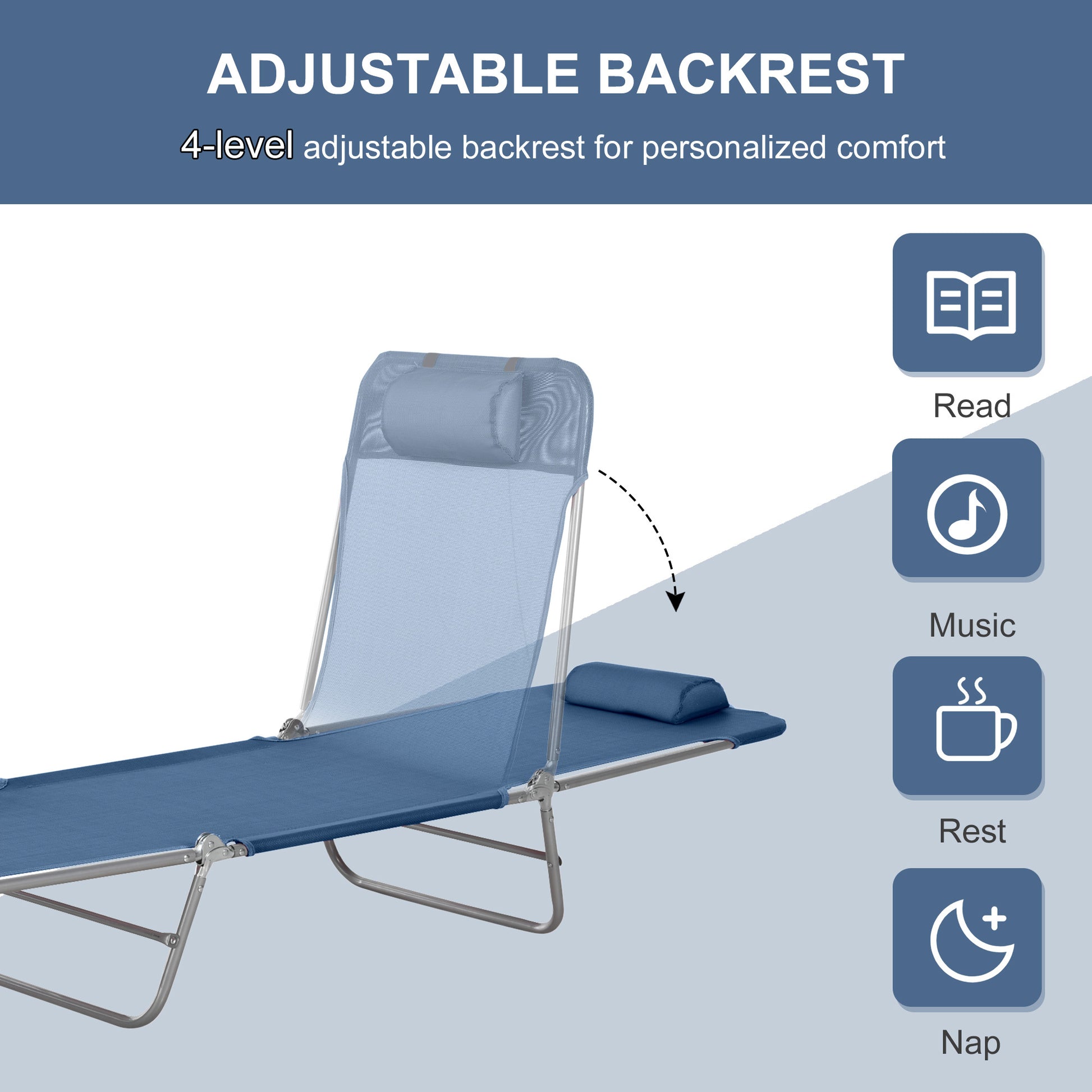Folding Chaise Lounge Pool Chair, Patio Sun Tanning Chair, Outdoor Lounge Chair With 6 Position Reclining Back,Mesh Seat, And Headrest For Beach, Yard, Patio, Blue Blue Steel