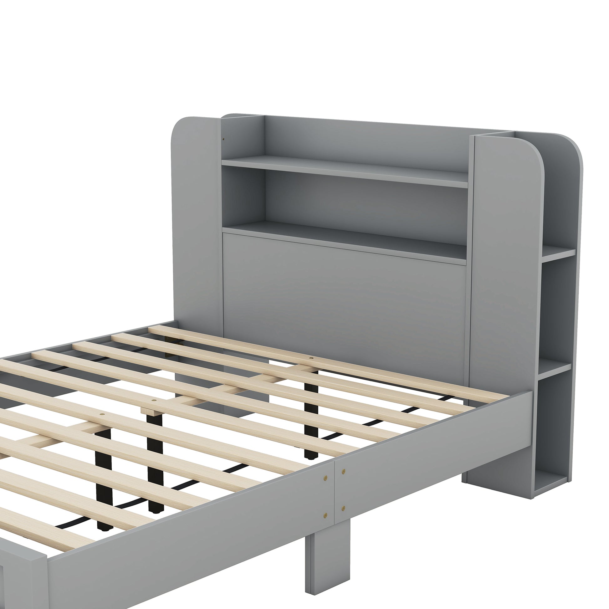 Full Size Platform Bed With Storage Headboard,Multiple Storage Shelves On Both Sides,Grey Grey Wood