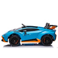 Lamborghini Huracan Sto 24V Kids Electric Ride On Drift Car: Speeds 1.86 5.59 Mph, Ages 3 8, Foam Front Wheels, 360 Spin, Led Lights, Dynamic Music, Early Learning, Usb Port, Drift Feature Blue