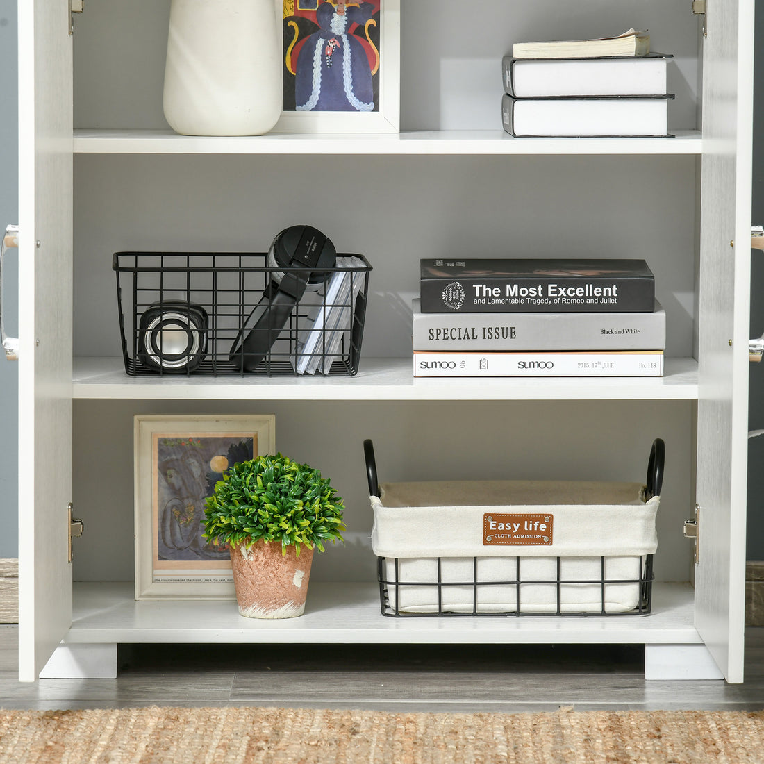 Industrial Kitchen Pantry Cabinet With 4 Door Cupboard And Storage Shelves, Freestanding Storage Cabinet, White White Engineered Wood