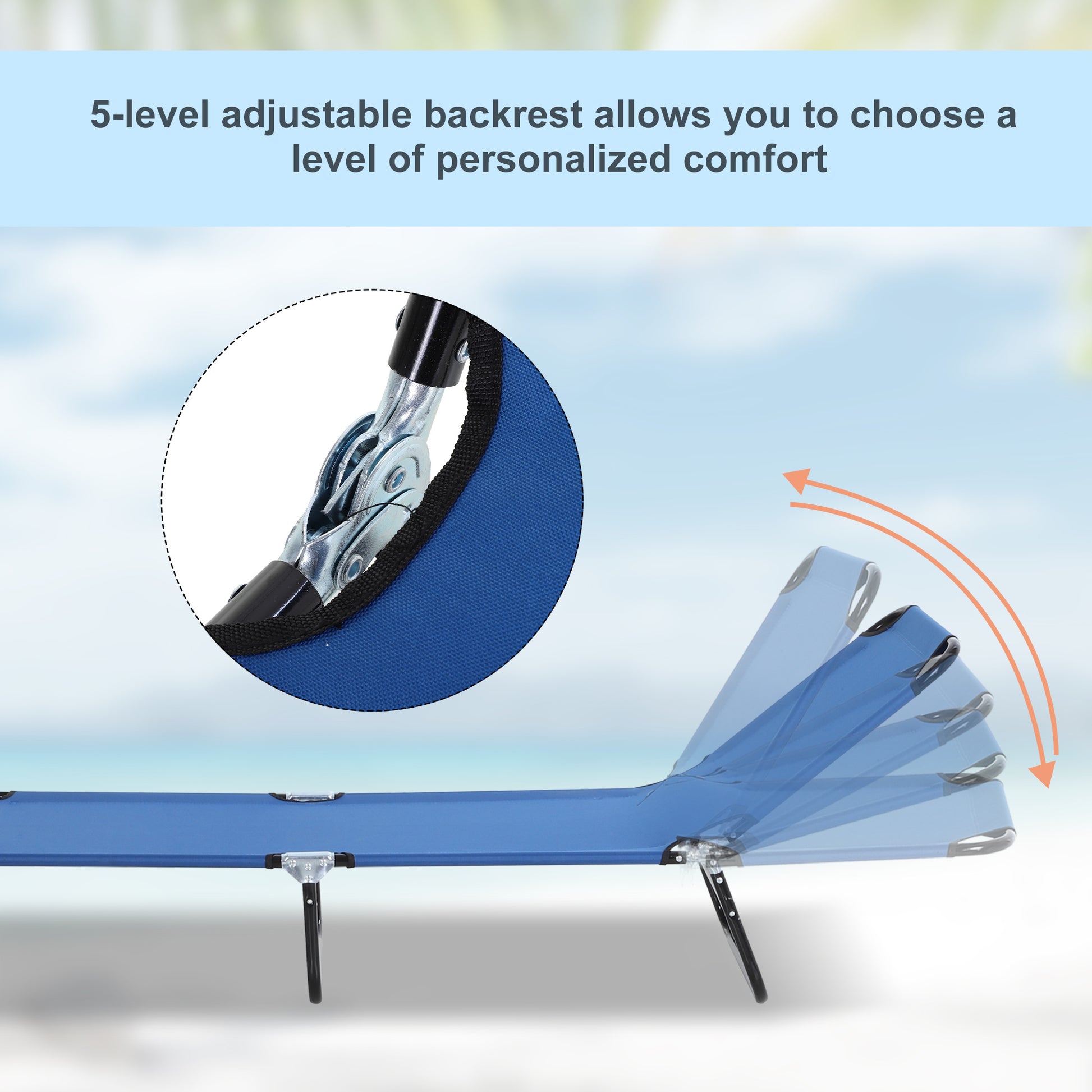 Folding Chaise Lounge Pool Chair, Patio Sun Tanning Chair, Outdoor Lounge Chair With 5 Positions Reclining Back, Oxford Fabric Seat For Beach, Yard, Patio, Blue Blue Steel