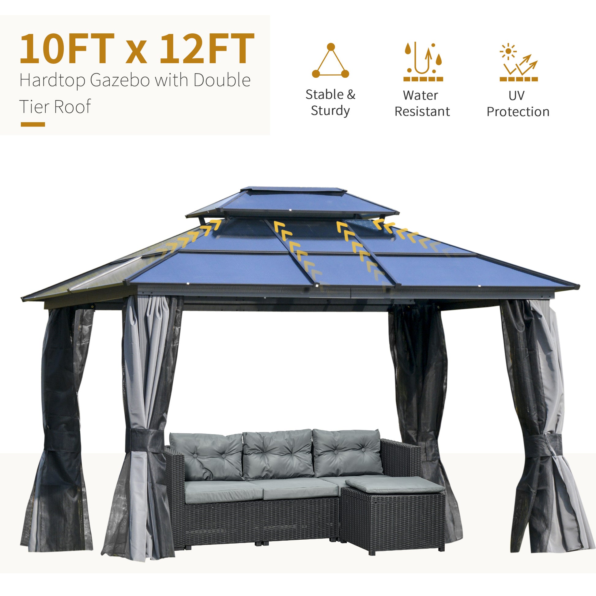 10' X 12' Hardtop Gazebo Canopy With Polycarbonate Double Roof, Aluminum Frame, Permanent Pavilion Outdoor Gazebo With Netting And Curtains For Patio, Garden, Backyard, Deck, Lawn, Gray Gray Steel