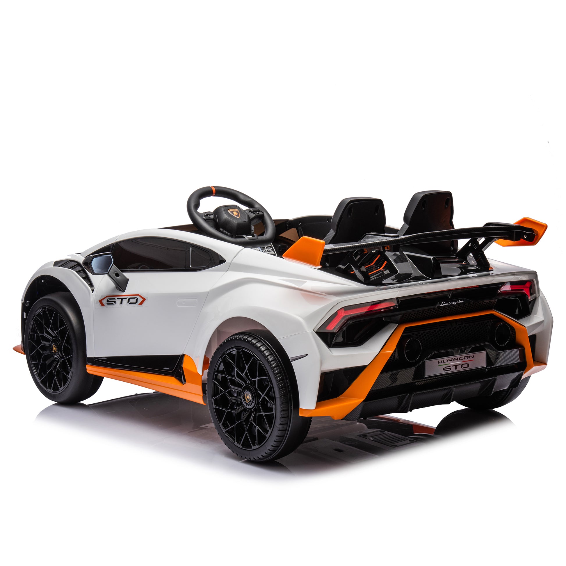 Lamborghini Huracan Sto 24V Kids Electric Ride On Drift Car: Speeds 1.86 5.59 Mph, Ages 3 8, Foam Front Wheels, 360 Spin, Led Lights, Dynamic Music, Early Learning, Usb Port, Drift Feature White Polypropylene