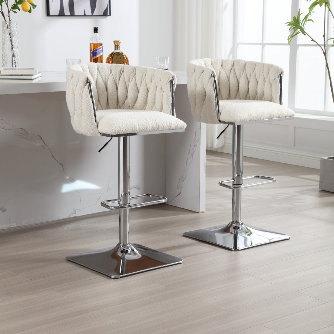Coolmore Vintage Bar Stools With Back And Footrest Counter Height Dining Chairs 2Pc Set Ivory Boucle