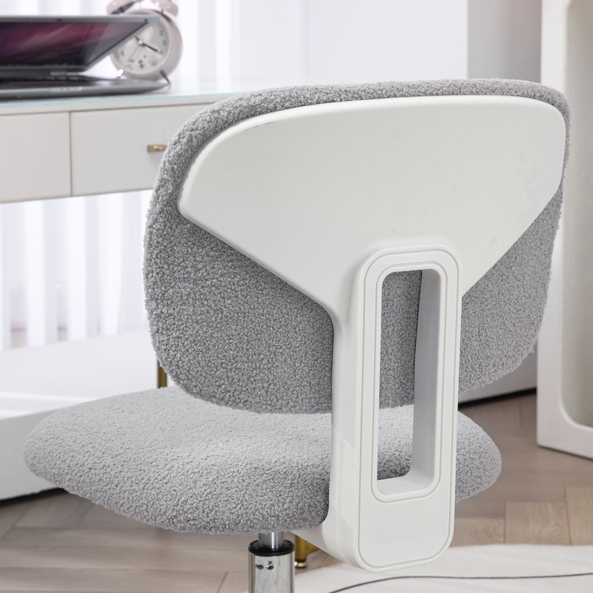 Cute Armless Office Chair, Teddy Fleece Fabric Computer Desk Chair, Vanity Task Chair With Adjustable Height, Swivel Wheels, Mid Back, Light Gray Light Gray Polyester