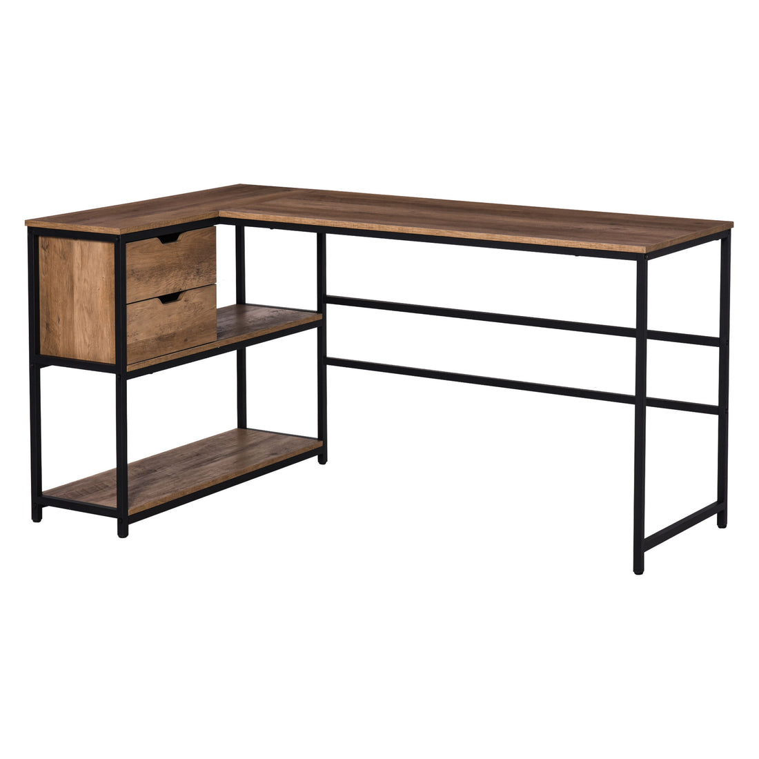 L Shaped Home Offie Computer Desk With Storage Shelves, 2 Dawers And Industrial Steel Frame, Black Brown Brown Mdf