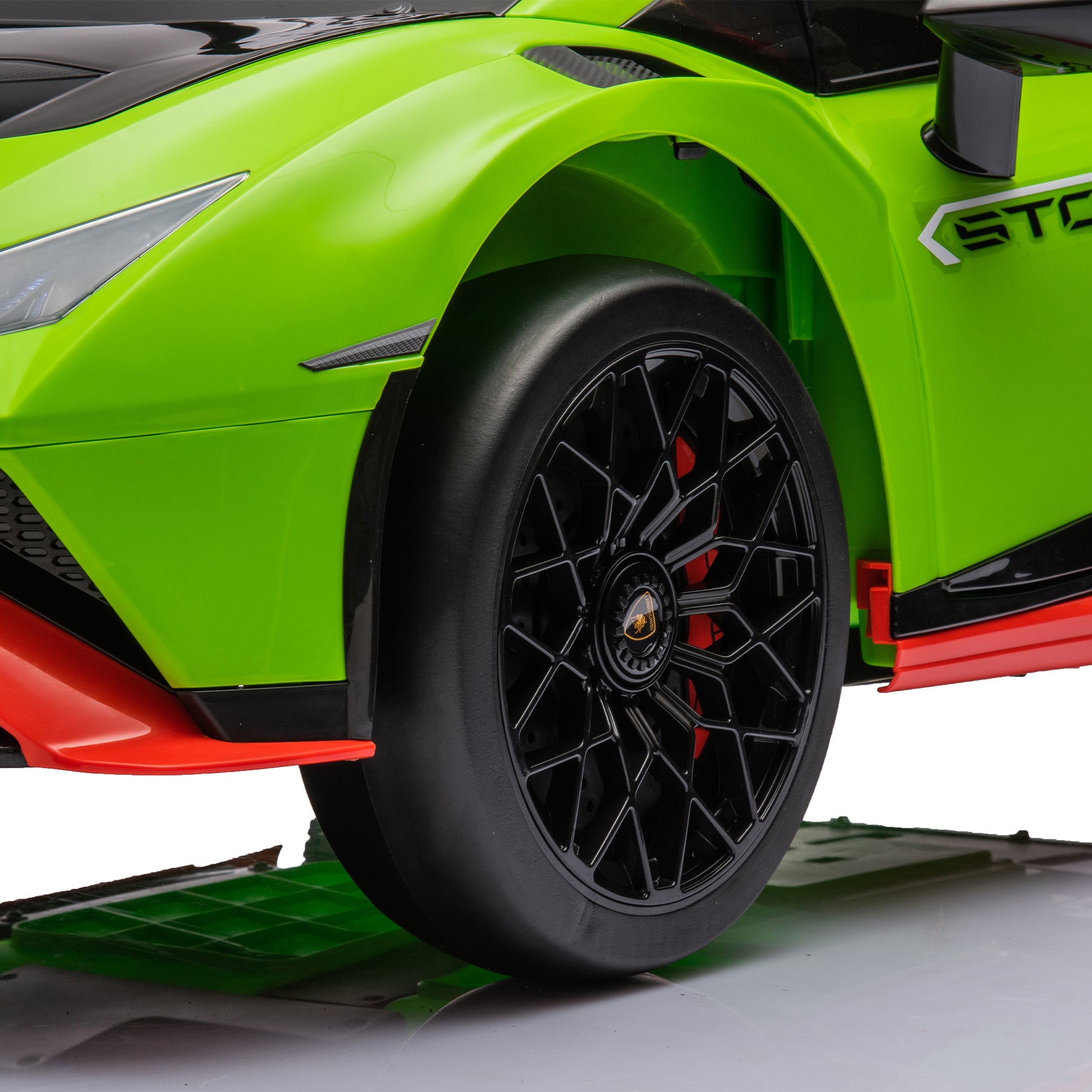 Lamborghini Huracan Sto 24V Kids Electric Ride On Drift Car: Speeds 1.86 5.59 Mph, Ages 3 8, Foam Front Wheels, 360 Spin, Led Lights, Dynamic Music, Early Learning, Usb Port, Drift Feature Green Polypropylene