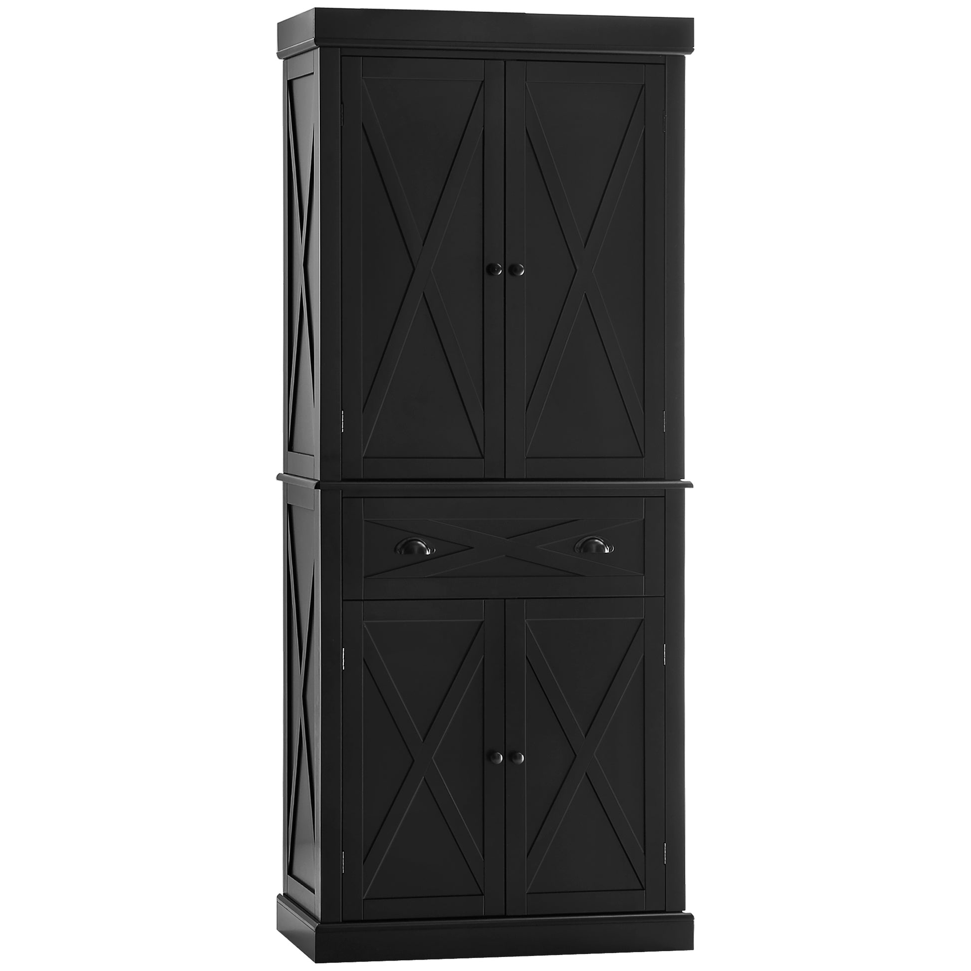 Freestanding Modern Farmhouse 4 Door Kitchen Pantry Cabinet, Storage Cabinet Organizer With 6 Tiers, 1 Drawer And 4 Adjustable Shelves, Black Black Mdf