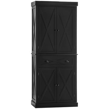 Freestanding Modern Farmhouse 4 Door Kitchen Pantry Cabinet, Storage Cabinet Organizer With 6 Tiers, 1 Drawer And 4 Adjustable Shelves, Black Black Mdf