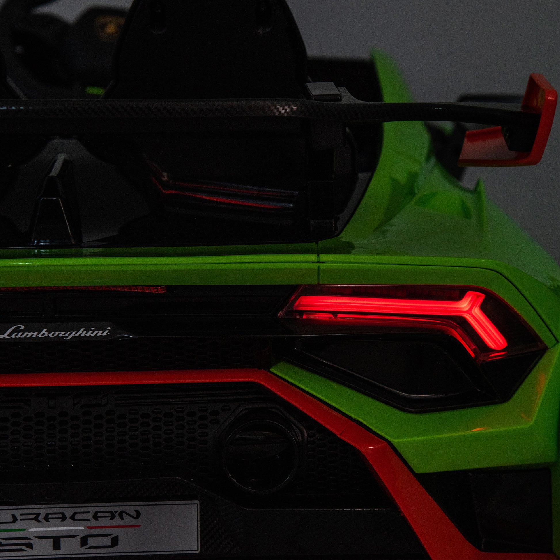 Lamborghini Huracan Sto 24V Kids Electric Ride On Drift Car: Speeds 1.86 5.59 Mph, Ages 3 8, Foam Front Wheels, 360 Spin, Led Lights, Dynamic Music, Early Learning, Usb Port, Drift Feature Green Polypropylene