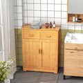 Bathroom Storage Cabinet, Bamboo Floor Cabinet With Drawers, Double Doors And Adjustable Shelves, Natural Natural Wood Bamboo