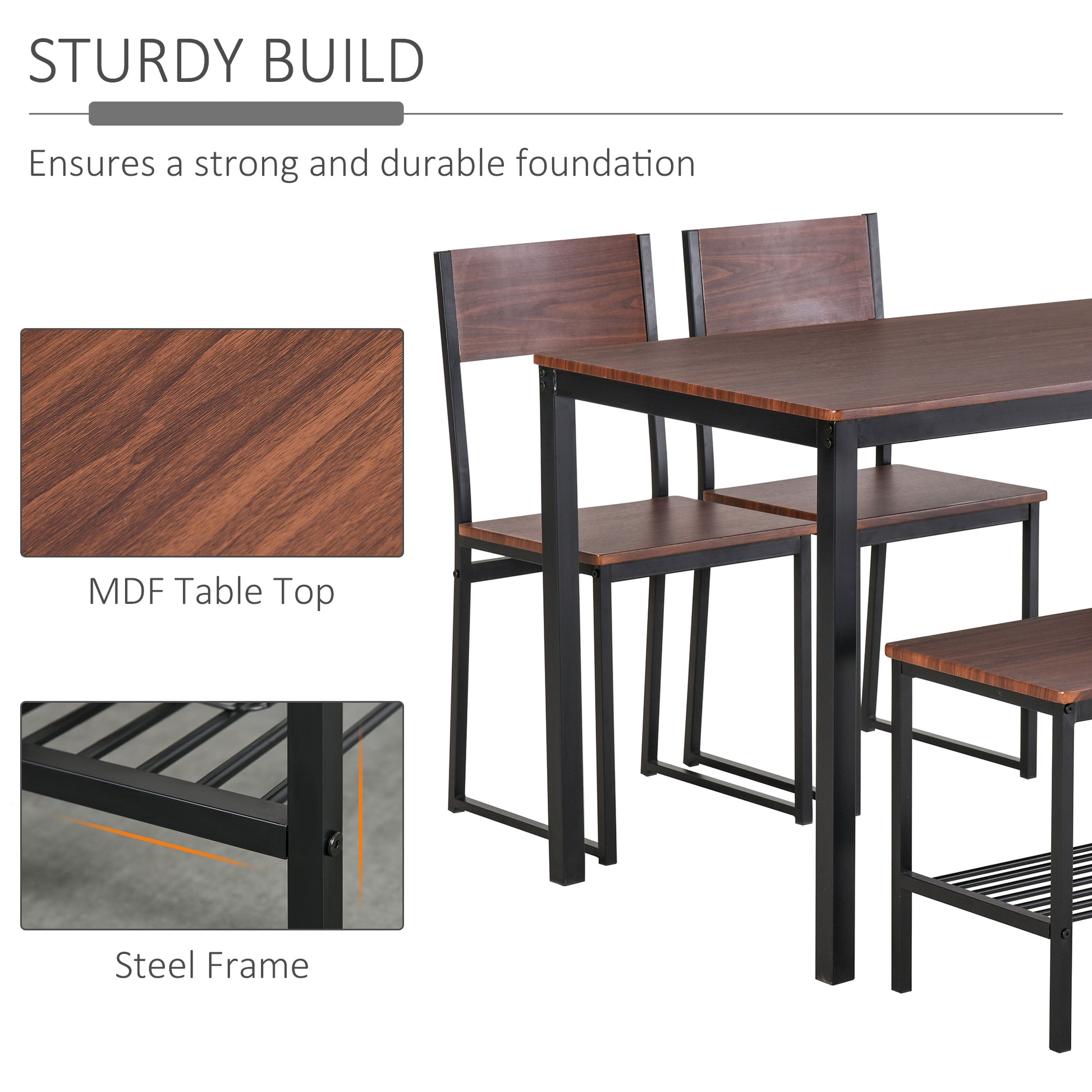 Industrial 4 Piece Dining Room Table Set With Bench Wooden Kitchen Table And Chairs W Storage Rack For Kitchen, Dinette, Black Brown Rustic Brown Mdf