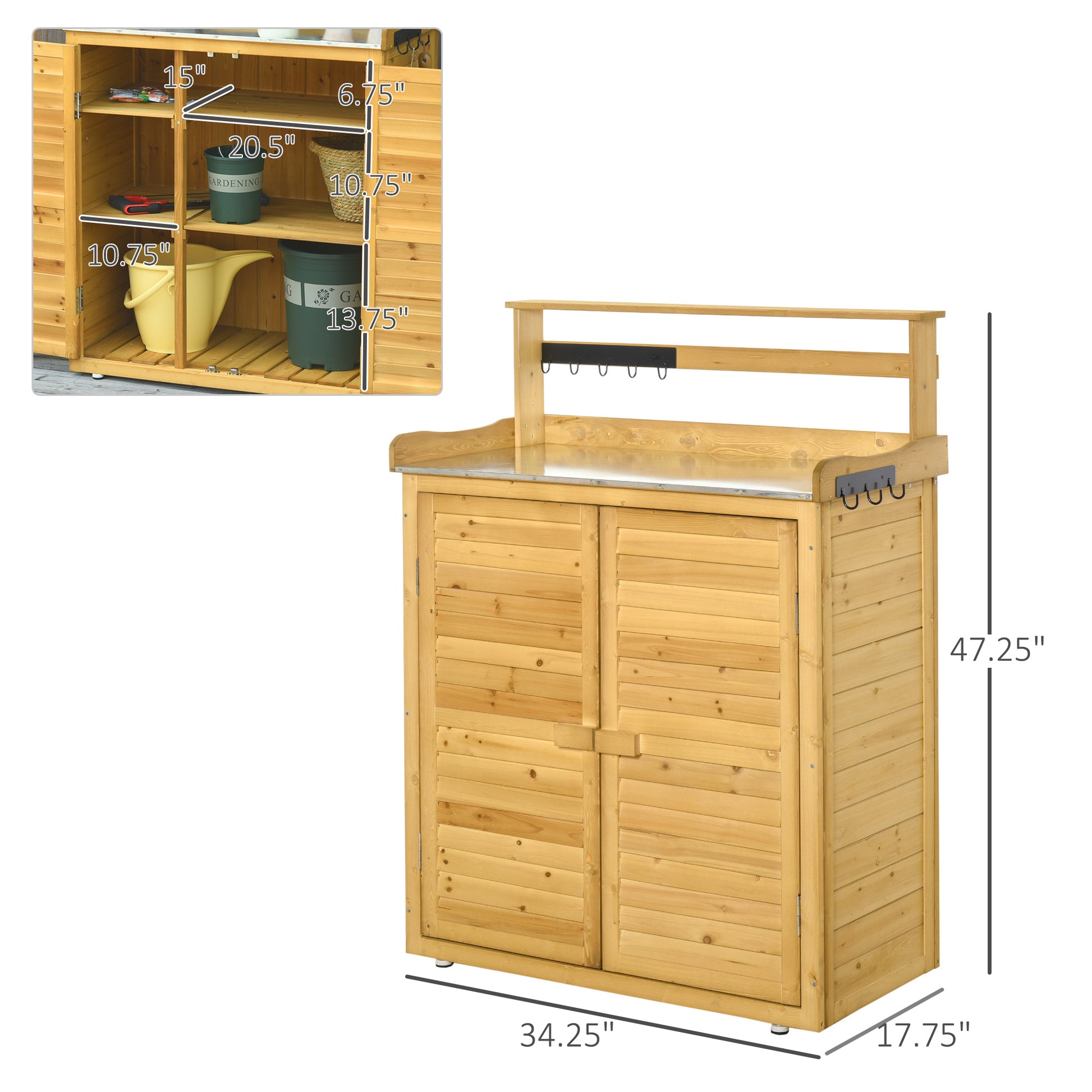 Garden Potting Bench Table Wooden Workstation Shed With Tabletop, Hooks, 3 Tier Shelves Cabinet And 2 Magnetic Close Doors Yellow Wood