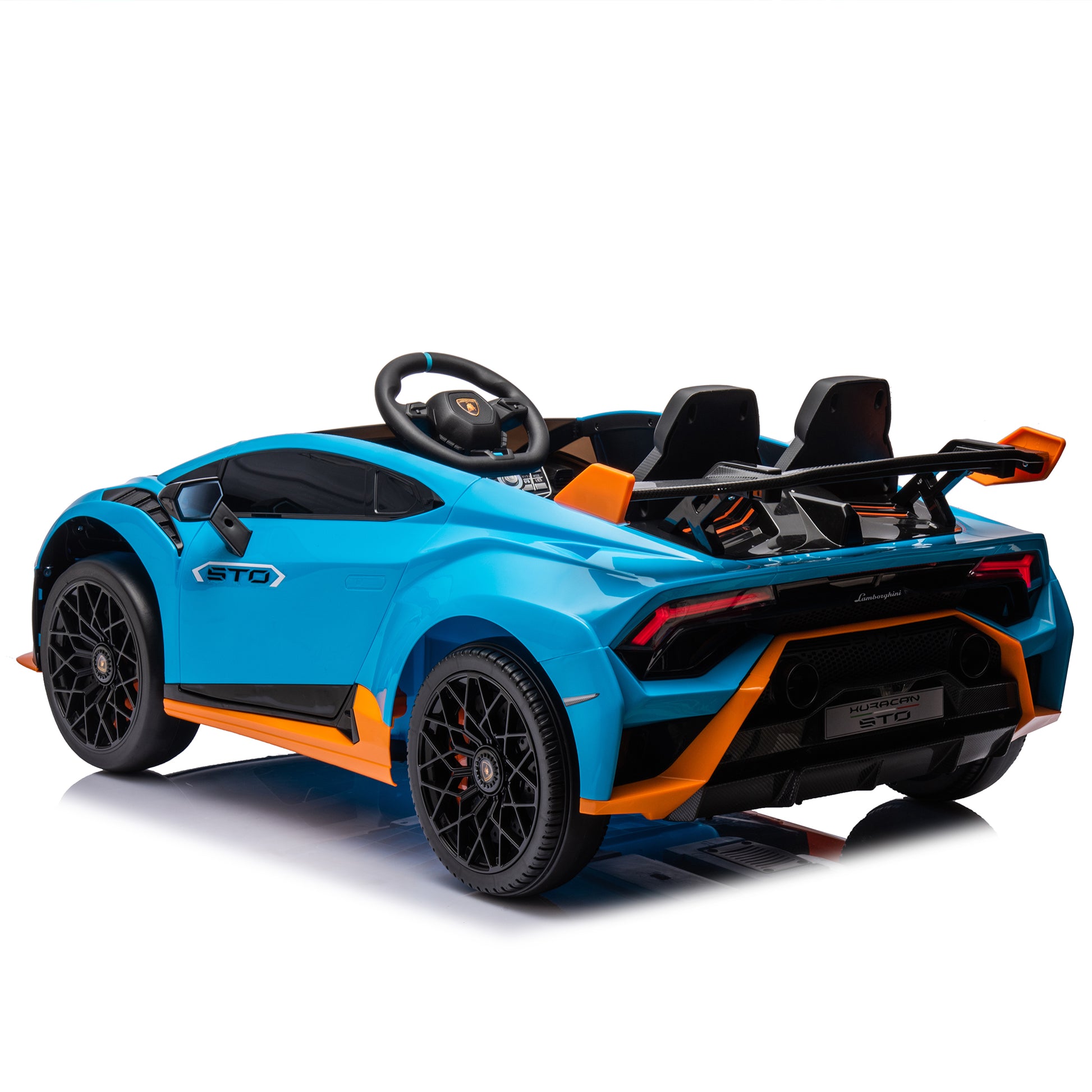 Lamborghini Huracan Sto 24V Kids Electric Ride On Drift Car: Speeds 1.86 5.59 Mph, Ages 3 8, Foam Front Wheels, 360 Spin, Led Lights, Dynamic Music, Early Learning, Usb Port, Drift Feature Blue