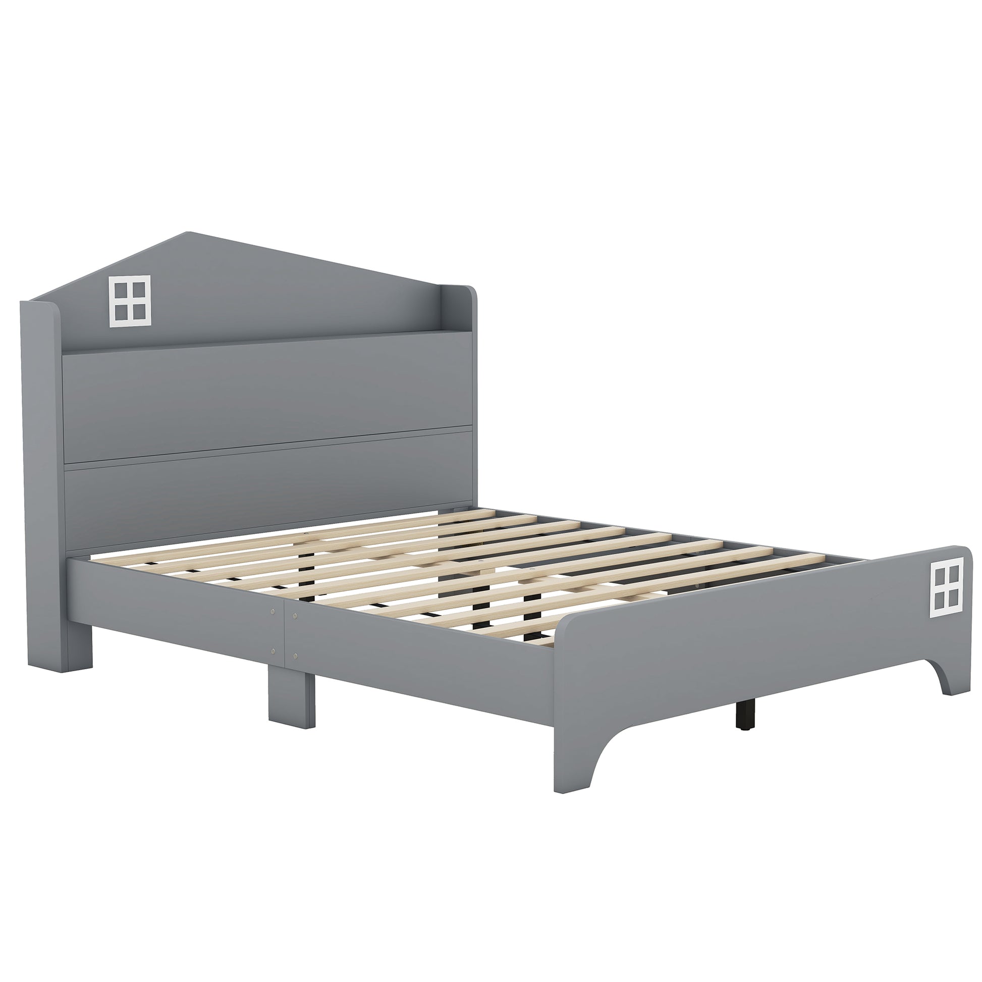 Wooden Full Size House Bed With Storage Headboard ,Kids Bed With Storage Shelf,Grey Grey Wood