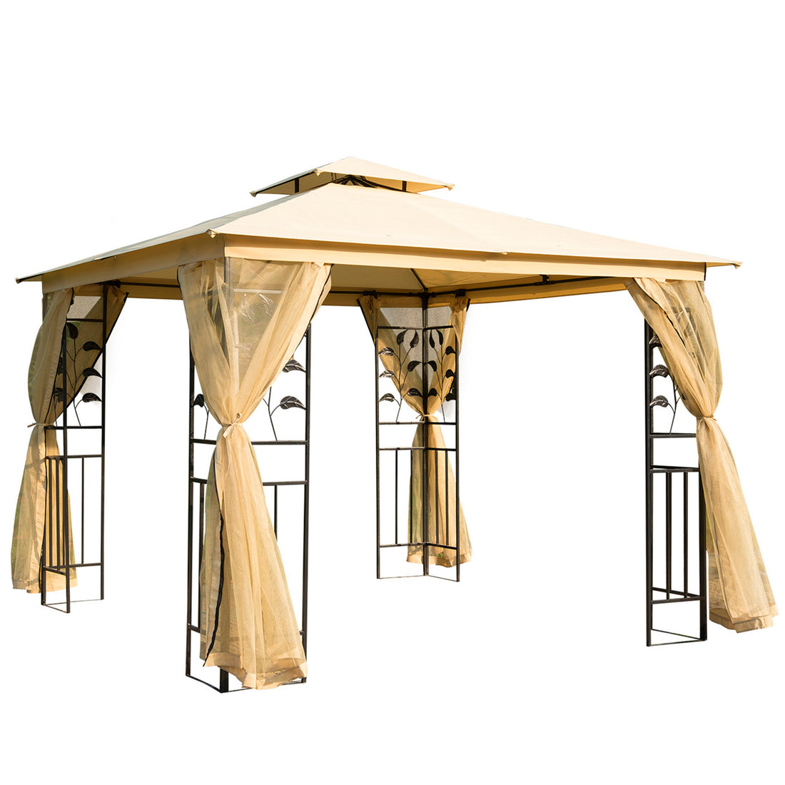 10' X 10' Metal Patio Gazebo, Double Roof Outdoor Gazebo Canopy Shelter With Tree Motifs Corner Frame And Netting, For Garden, Lawn, Backyard, And Deck, Beige Beige Polyester