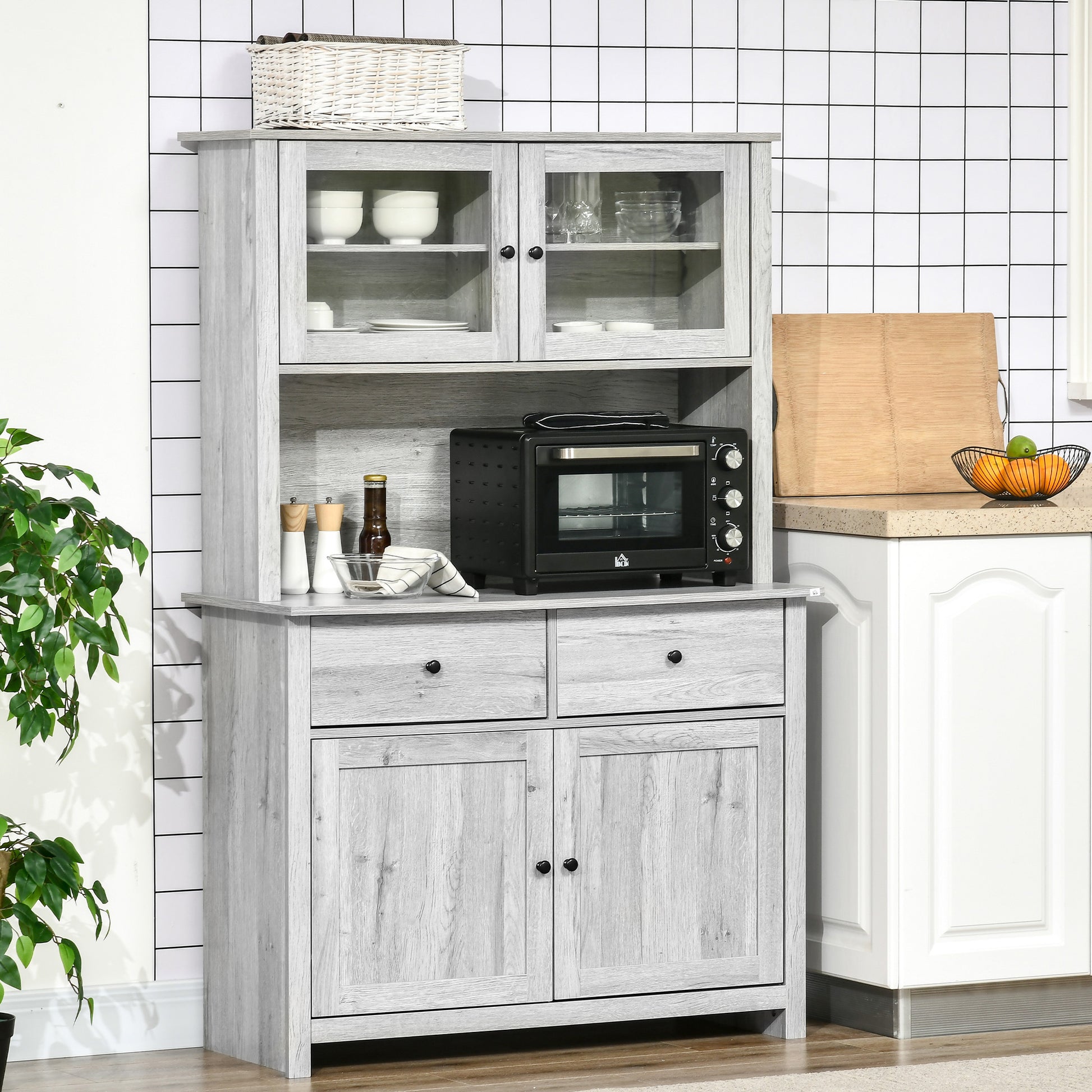 63.5" Kitchen Buffet With Hutch, Pantry Storage Cabinet With 4 Shelves, Drawers, Framed Glass Doors, Open Microwave Countertop, Ash Grey Grey Engineered Wood