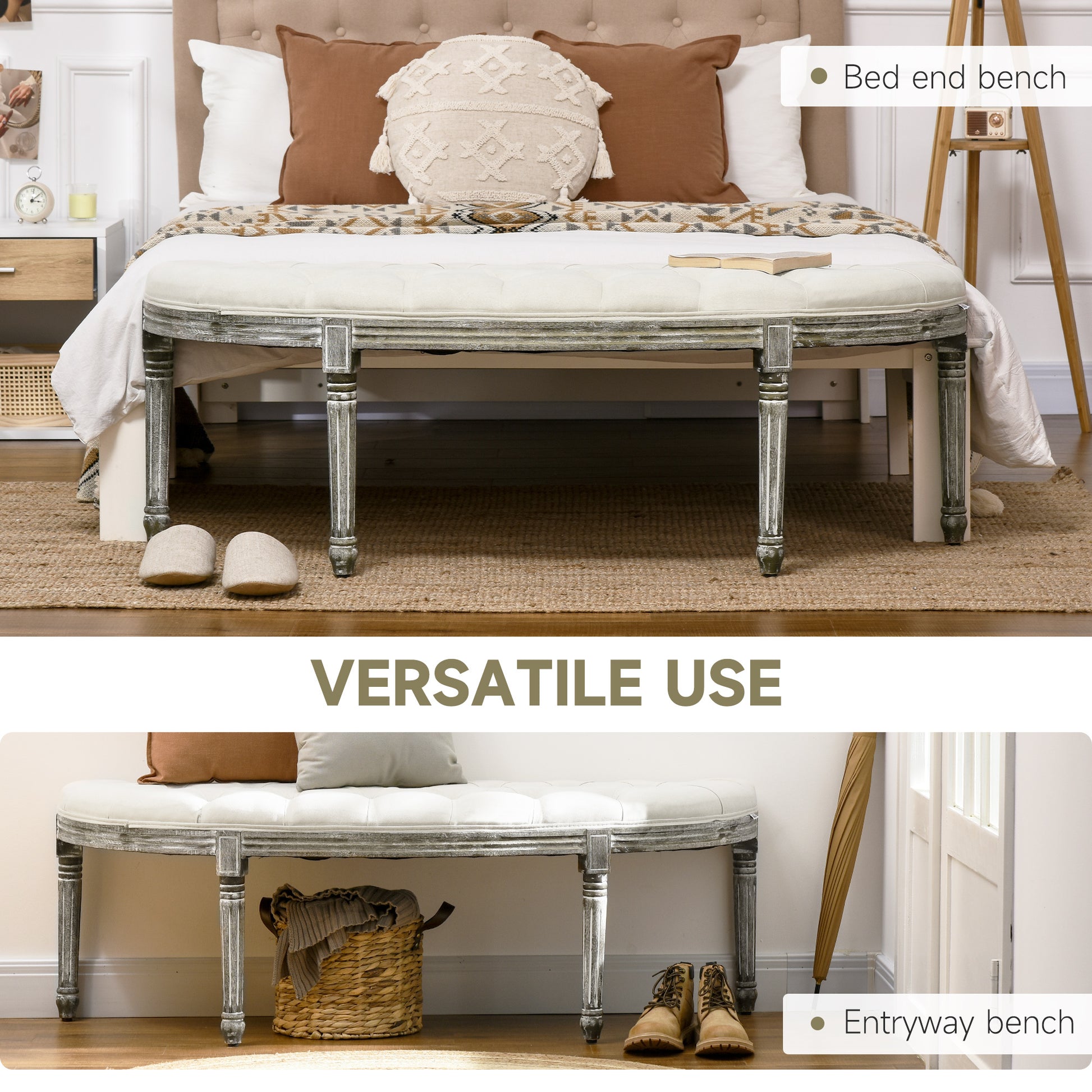 Semi Circle End Of Bed Bench With Tufted Design, Upholstered Bedroom Entryway Bench With Rubberwood Legs, Off White Off White Polyester