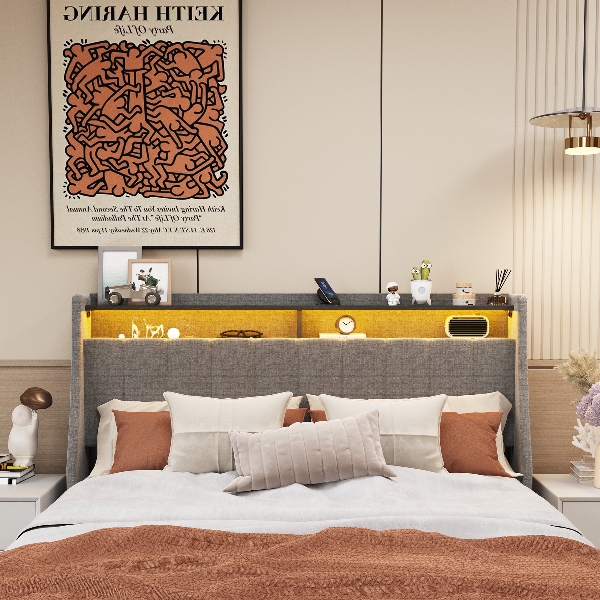 Queen Size Bed Frame With Led, 4 Under Bed Portable Storage Drawers, Wings Headboard Design, Light Grey Box Spring Not Required Queen Light Grey Metal Bedroom Bed Frame Upholstered Linen Upholstered
