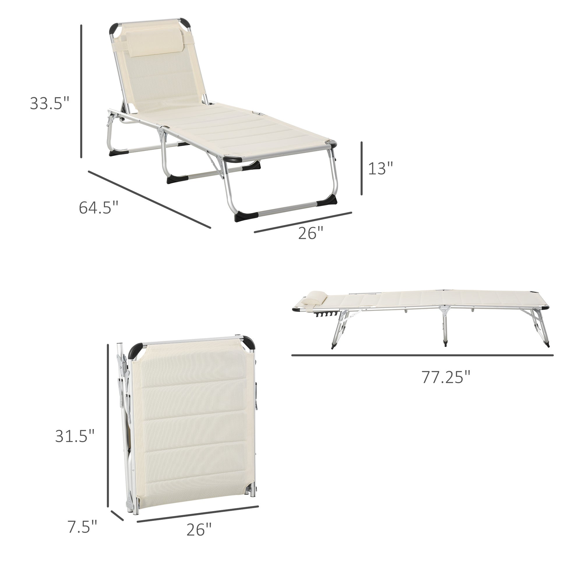 Foldable Outdoor Chaise Lounge Chair, 5 Level Reclining Camping Tanning Chair With Aluminum Frame, Padding, And Headrest For Beach, Yard, Patio, Pool, White White Aluminium