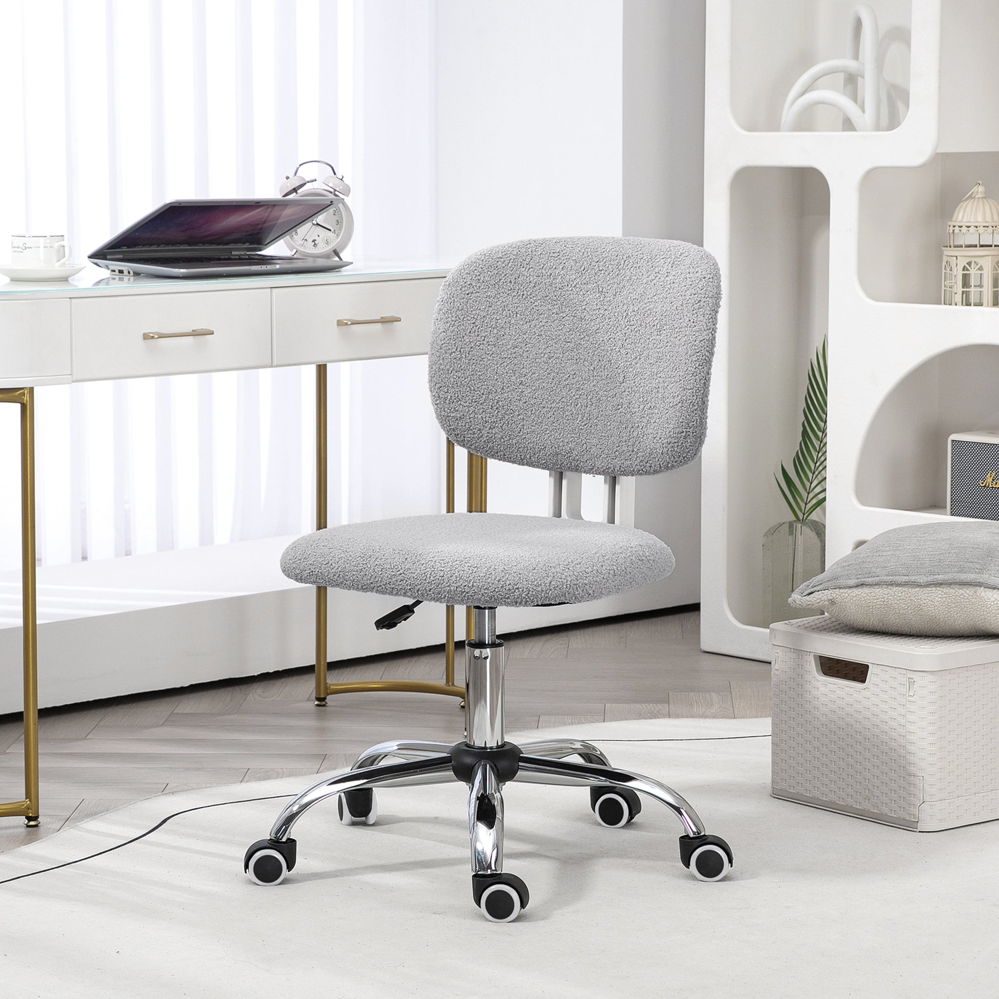 Cute Armless Office Chair, Teddy Fleece Fabric Computer Desk Chair, Vanity Task Chair With Adjustable Height, Swivel Wheels, Mid Back, Light Gray Light Gray Polyester