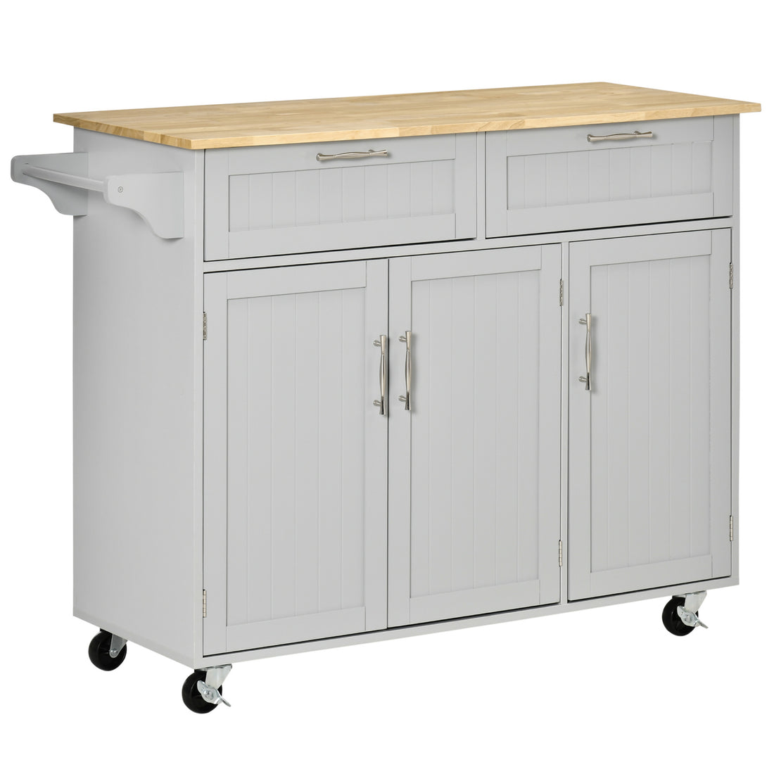 Mobile Kitchen Island With Storage, Kitchen Cart With Wood Top, Storage Drawers, 3 Door Cabinets, Adjustable Shelves And Towel Rack, Gray Grey Mdf