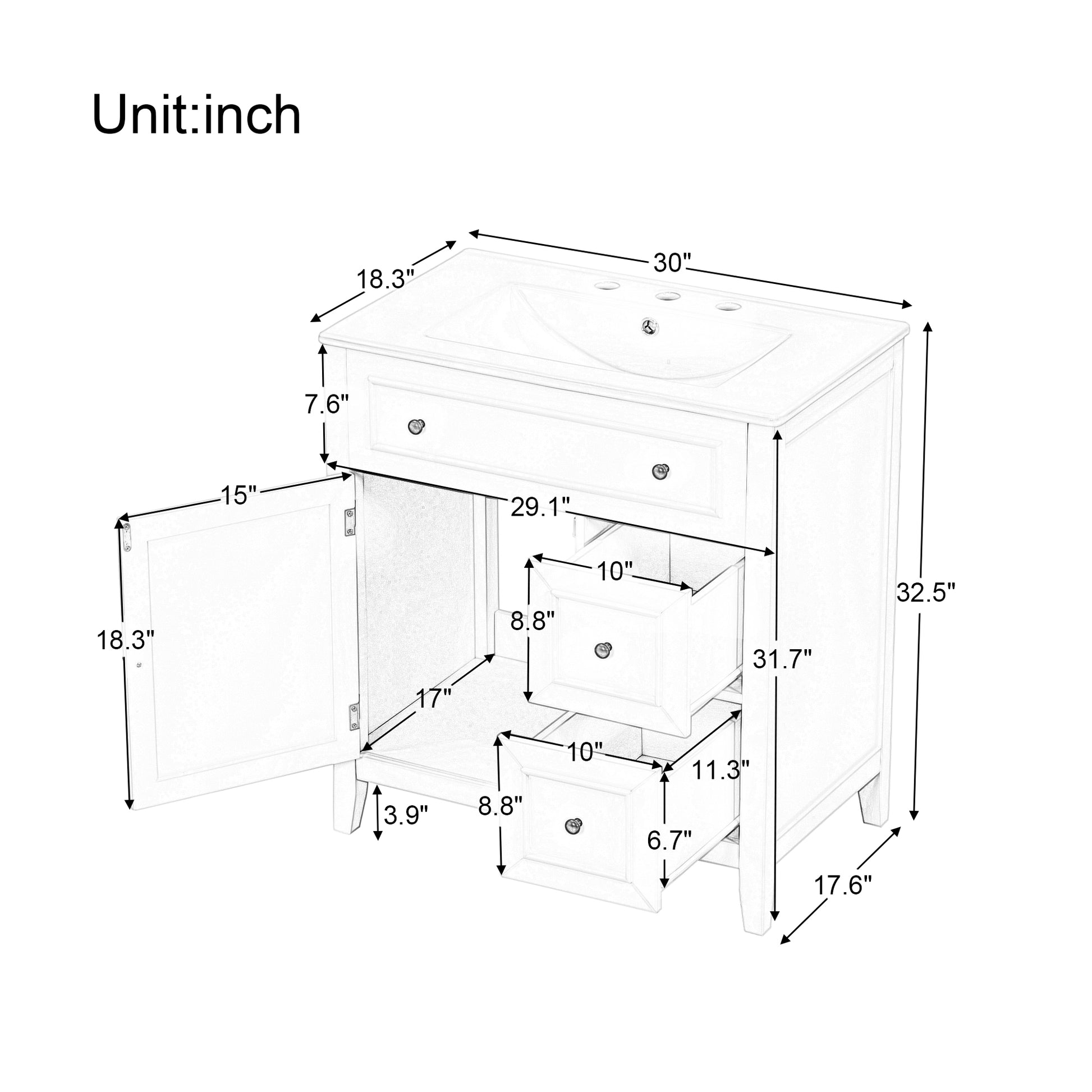 30" Bathroom Vanity With Sink Top, Bathroom Vanity Cabinet With Door And Two Drawers, Solid Wood Frame, One Package, White Old Sku:Wf311620Aak White Solid Wood Mdf