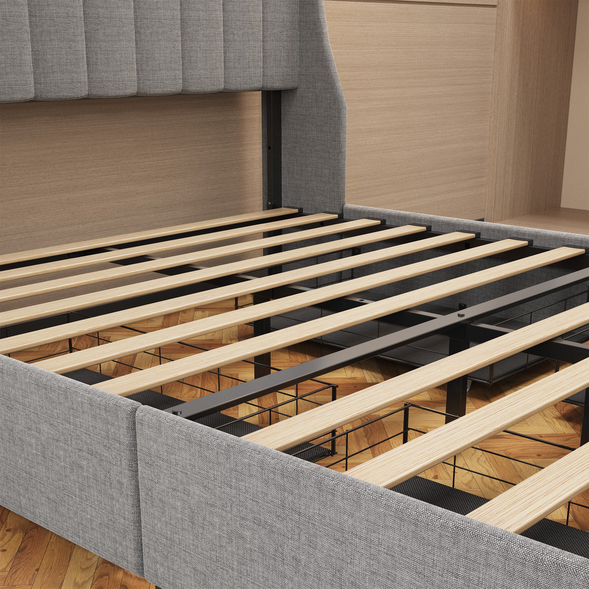Queen Size Bed Frame With Led, 4 Under Bed Portable Storage Drawers, Wings Headboard Design, Light Grey Box Spring Not Required Queen Light Grey Metal Bedroom Bed Frame Upholstered Linen Upholstered