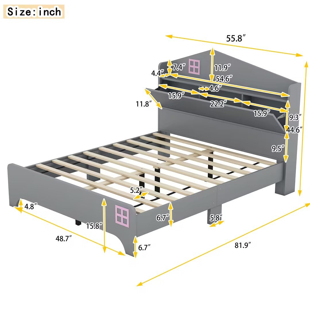 3 Pieces Bedroom Sets Full Size House Bed With Storage Headboard, Wooden Nightstand And Storage Dresser,Gray Gray Wood