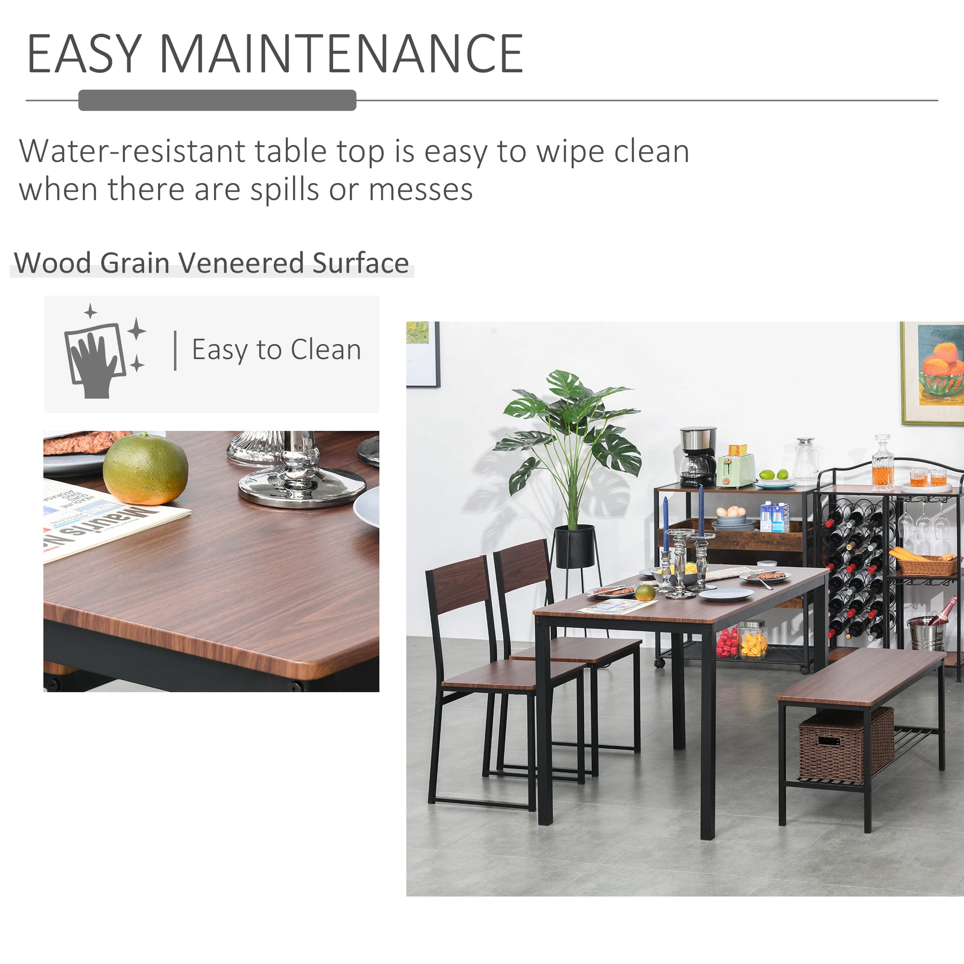 Industrial 4 Piece Dining Room Table Set With Bench Wooden Kitchen Table And Chairs W Storage Rack For Kitchen, Dinette, Black Brown Rustic Brown Mdf