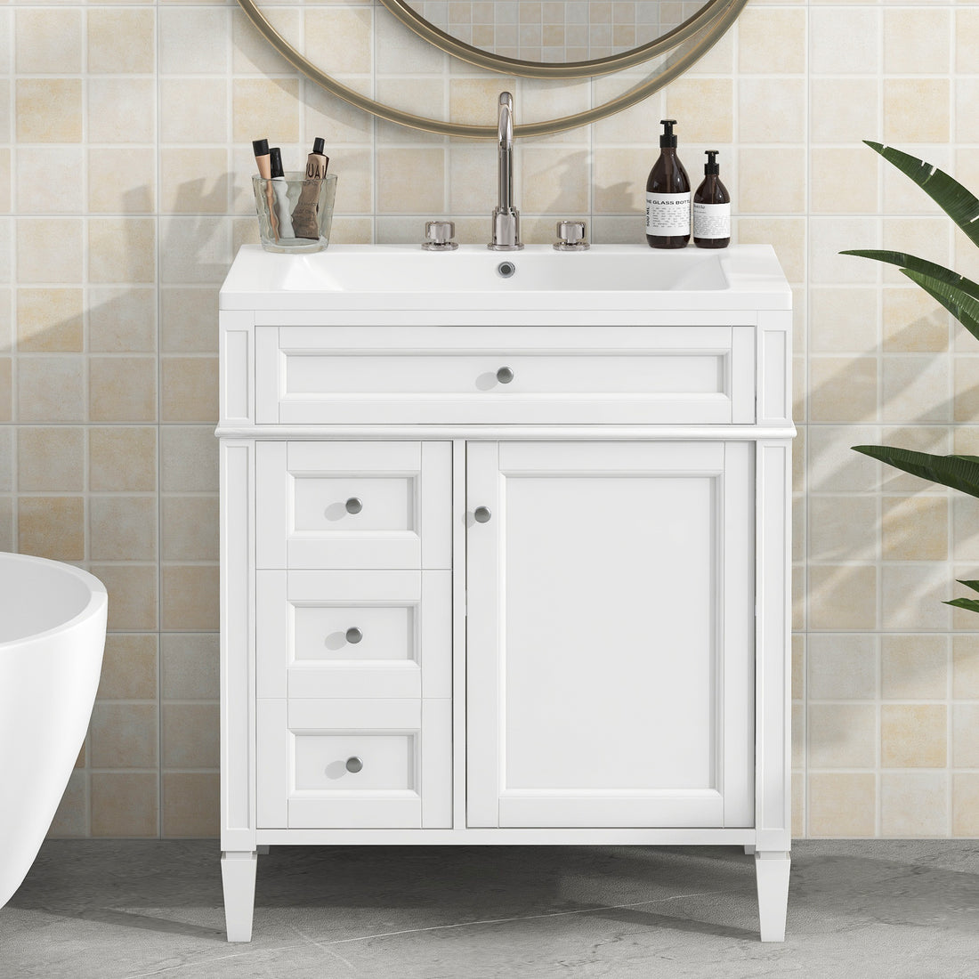 30'' Bathroom Vanity With Top Sink, Modern Bathroom Storage Cabinet With 2 Drawers And A Tip Out Drawer, Single Sink Bathroom Vanity White Modern Mdf