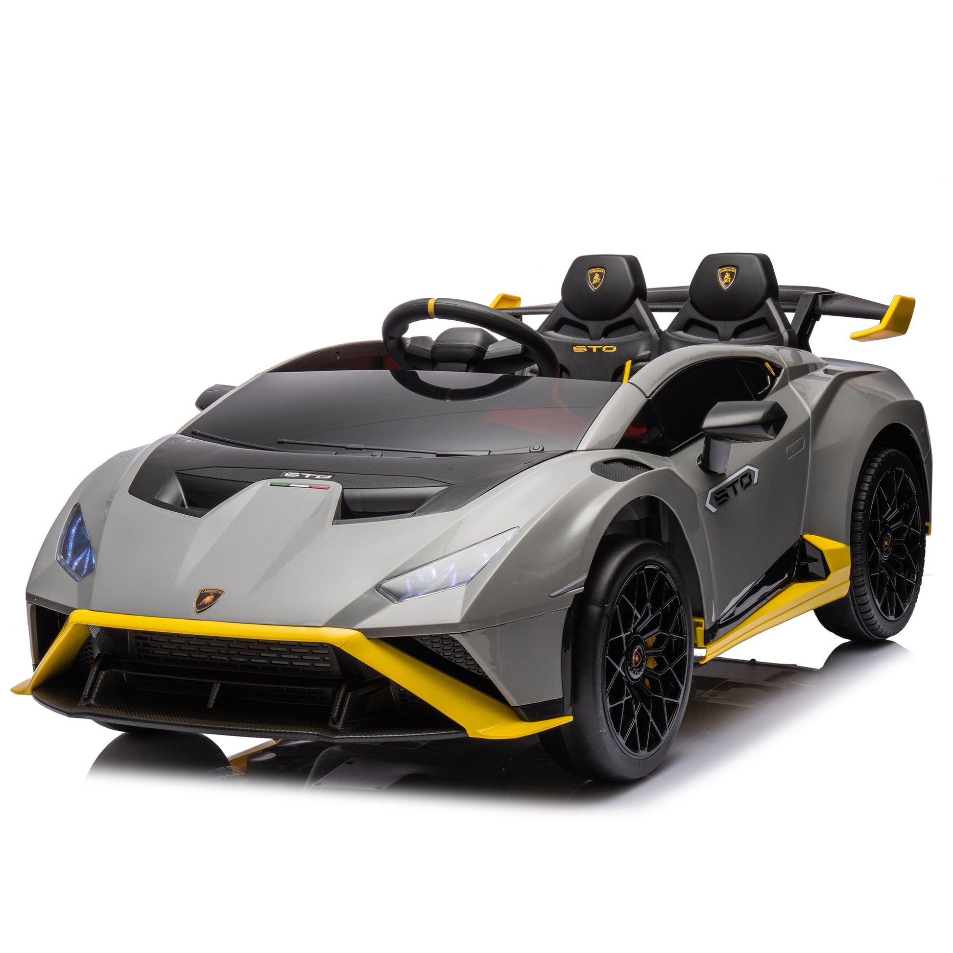 Lamborghini Huracan Sto 24V Kids Electric Ride On Drift Car: Speeds 1.86 5.59 Mph, Ages 3 8, Foam Front Wheels, 360 Spin, Led Lights, Dynamic Music, Early Learning, Usb Port, Drift Feature Gray Polypropylene