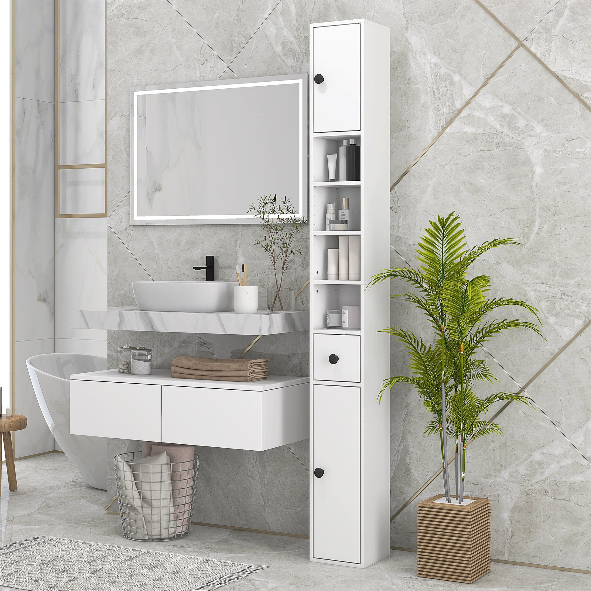 Kleankin 71" Tall Bathroom Storage Cabinet, Narrow Toilet Paper Cabinet With Open Shelves, 2 Door Cabinets, Adjustable Shelves For Kitchen, Hallway, Living Room, White White Particle Board