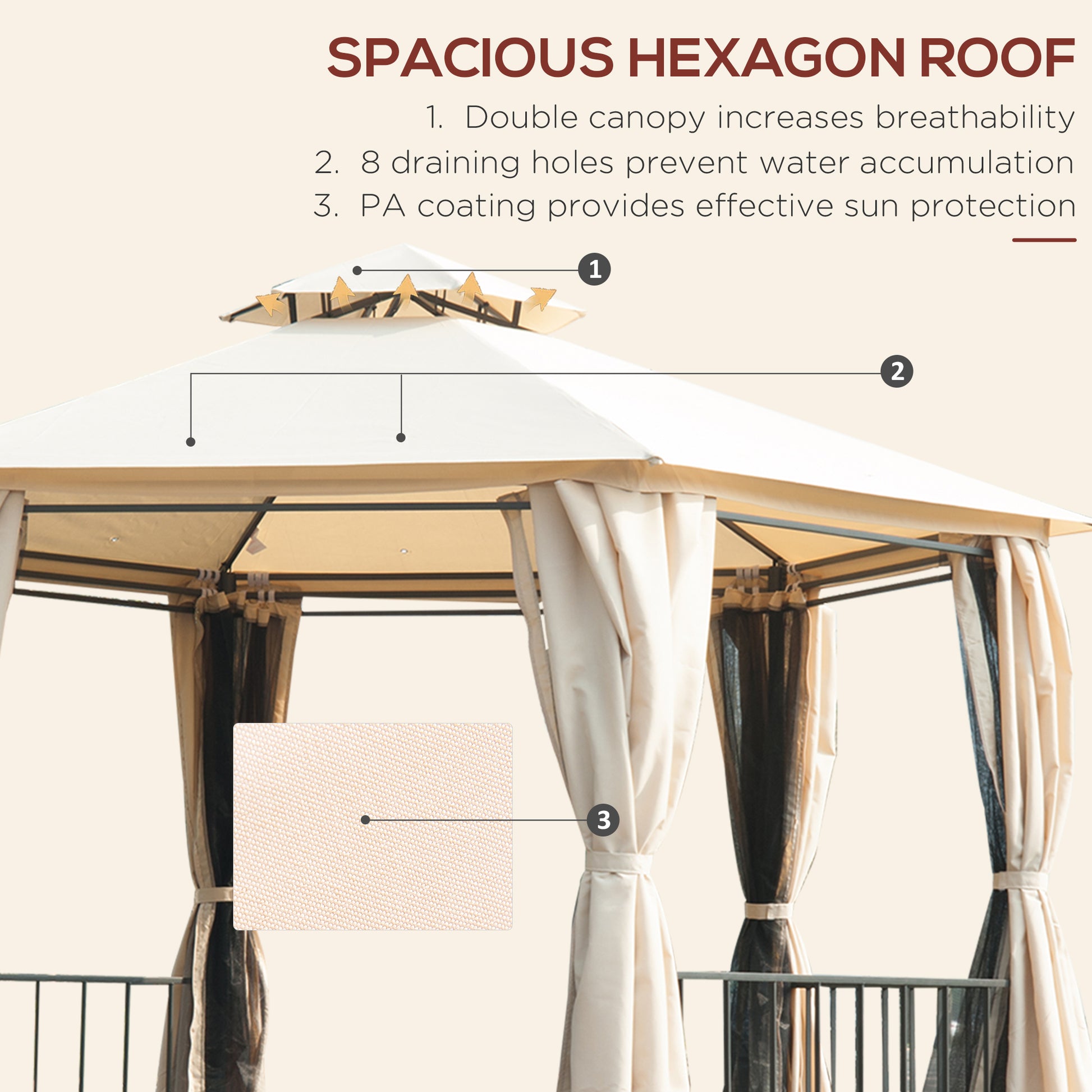 13' X 13' Patio Gazebo, Double Roof Hexagon Outdoor Gazebo Canopy Shelterwith Netting & Curtains, Solid Steel Frame For Garden, Lawn, Backyard And Deck, Beige Beige Steel