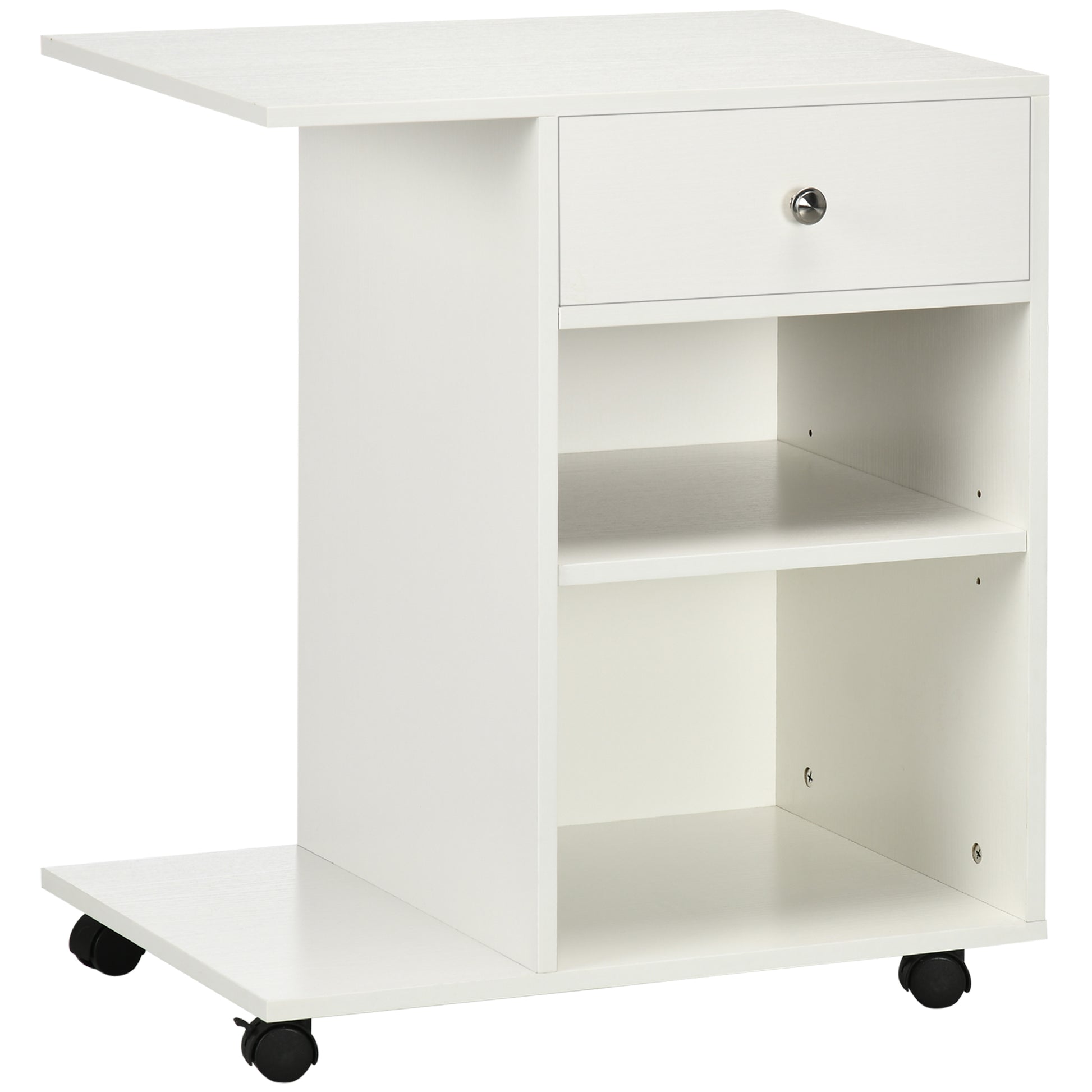 Mobile Printer Stand, Rolling File Cabinet Cart With Wheels, Adjustable Shelf, Drawer And Cpu Stand, White White Particle Board