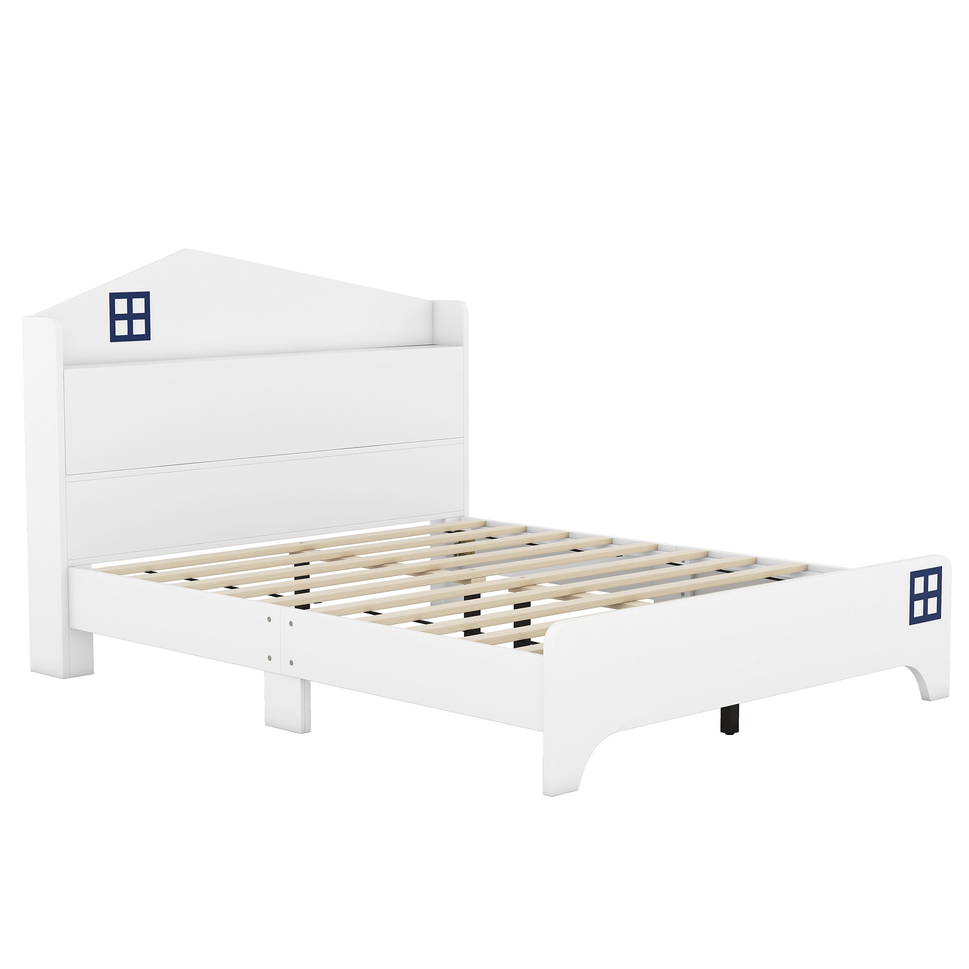 Wooden Full Size House Bed With Storage Headboard ,Kids Bed With Storage Shelf,White White Wood