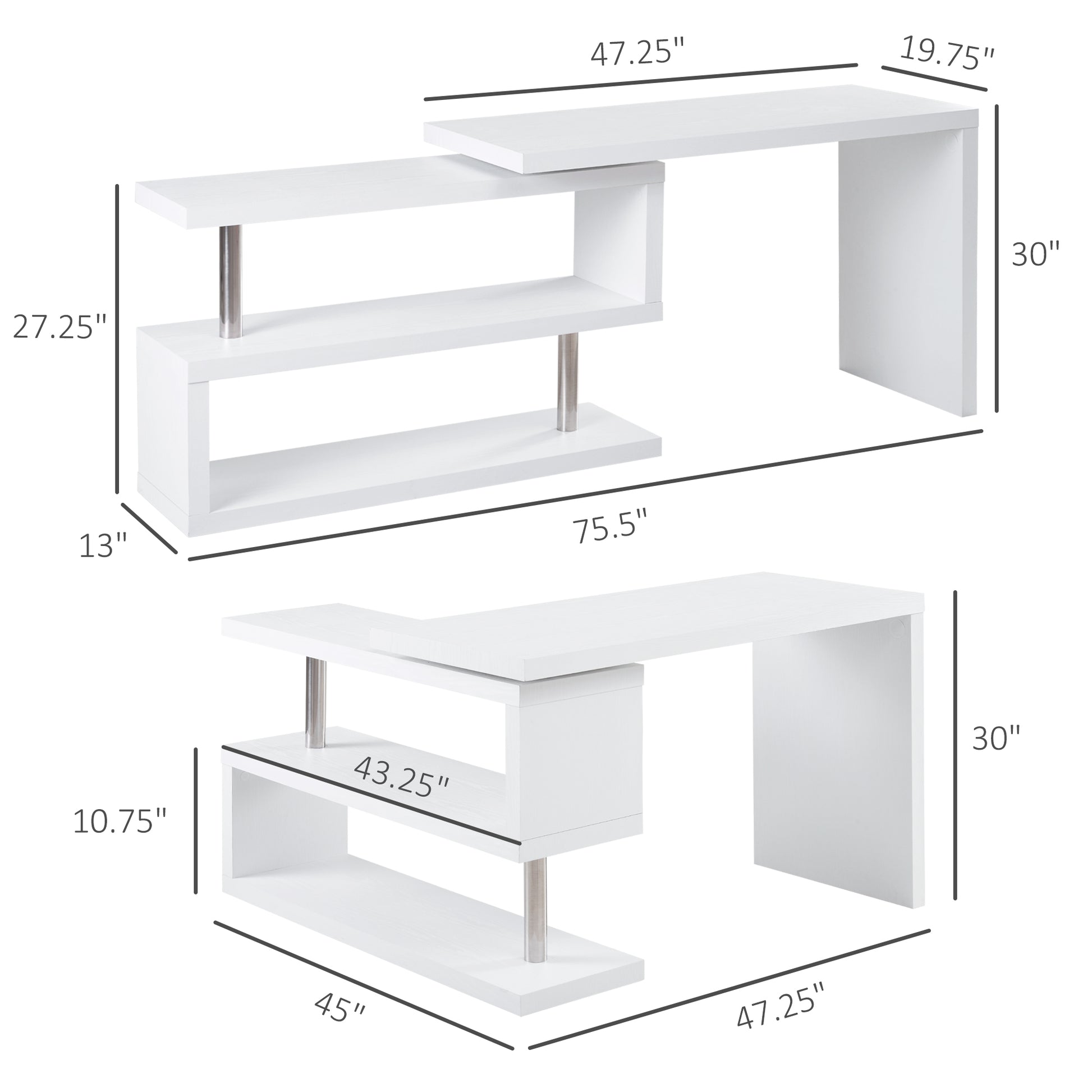 360 Degree Rotating Corner Computer Desk, L Shaped Desk, Home Office Workstation With 3 Tier Storage Shelves, White White Stainless Steel