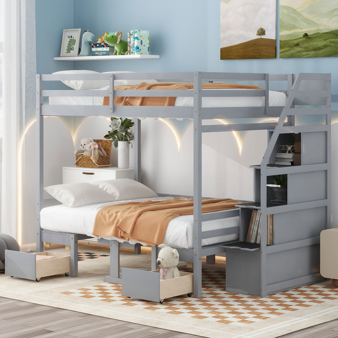 Full Over Full Size Bunk With Staircase,The Down Bed Can Be Convertible To Seats And Table Set,Gray Box Spring Not Required Full Gray Wood Bedroom Bunk Pine