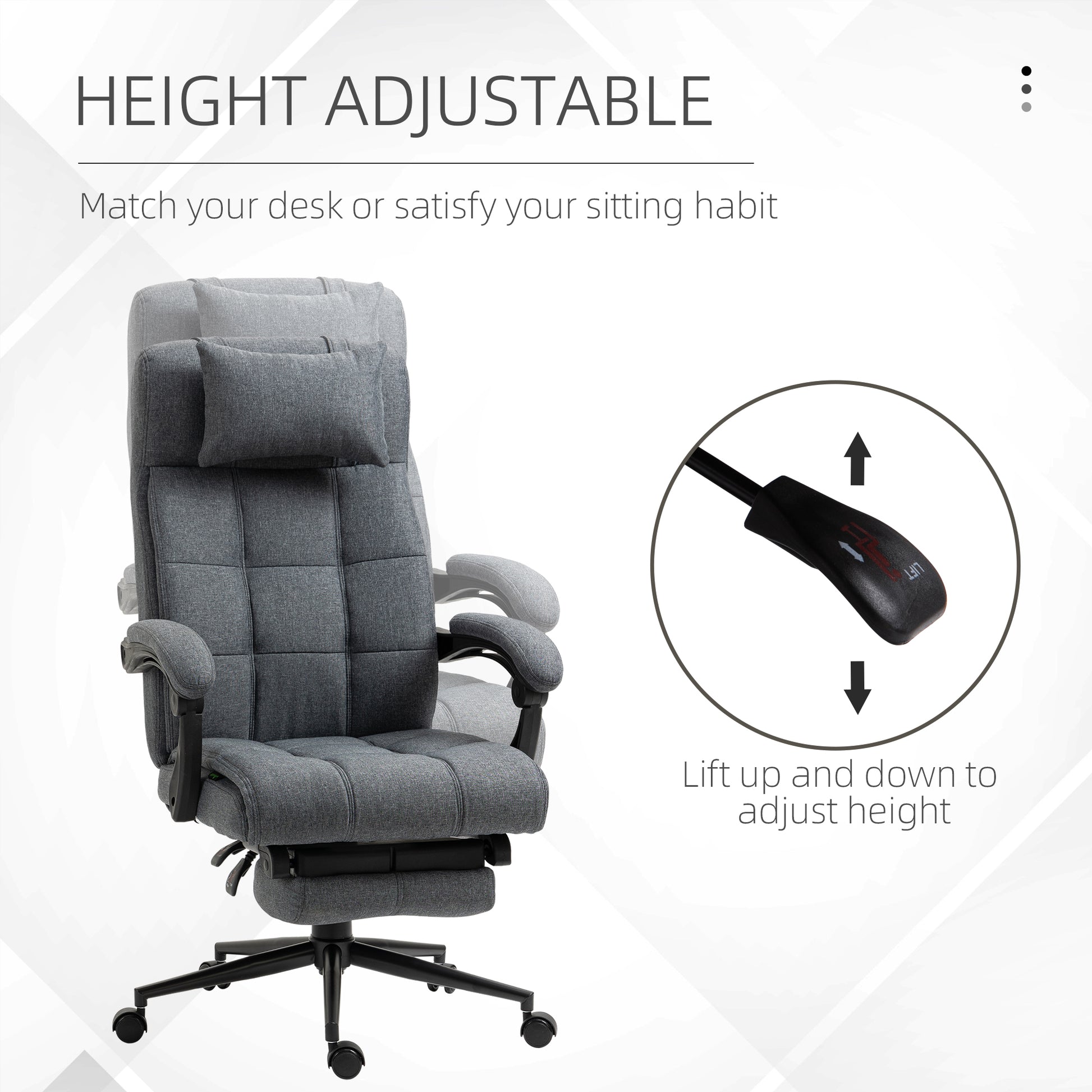 Executive Linen Feel Fabric Office Chair High Back Swivel Task Chair With Adjustable Height Upholstered Retractable Footrest, Headrest And Padded Armrest, Dark Grey Dark Grey Polyvinyl Chloride