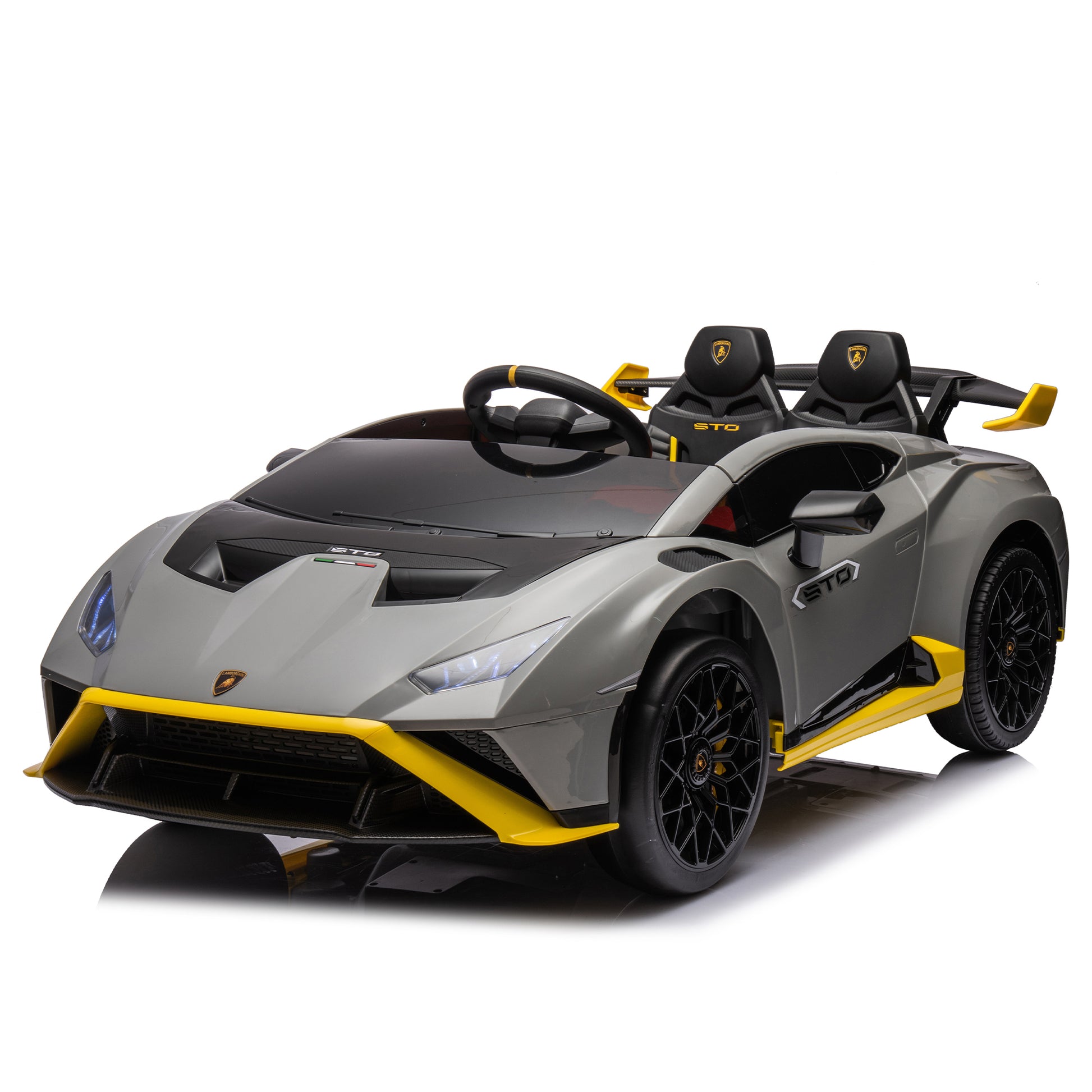 Lamborghini Huracan Sto 24V Kids Electric Ride On Drift Car: Speeds 1.86 5.59 Mph, Ages 3 8, Foam Front Wheels, 360 Spin, Led Lights, Dynamic Music, Early Learning, Usb Port, Drift Feature Gray Polypropylene