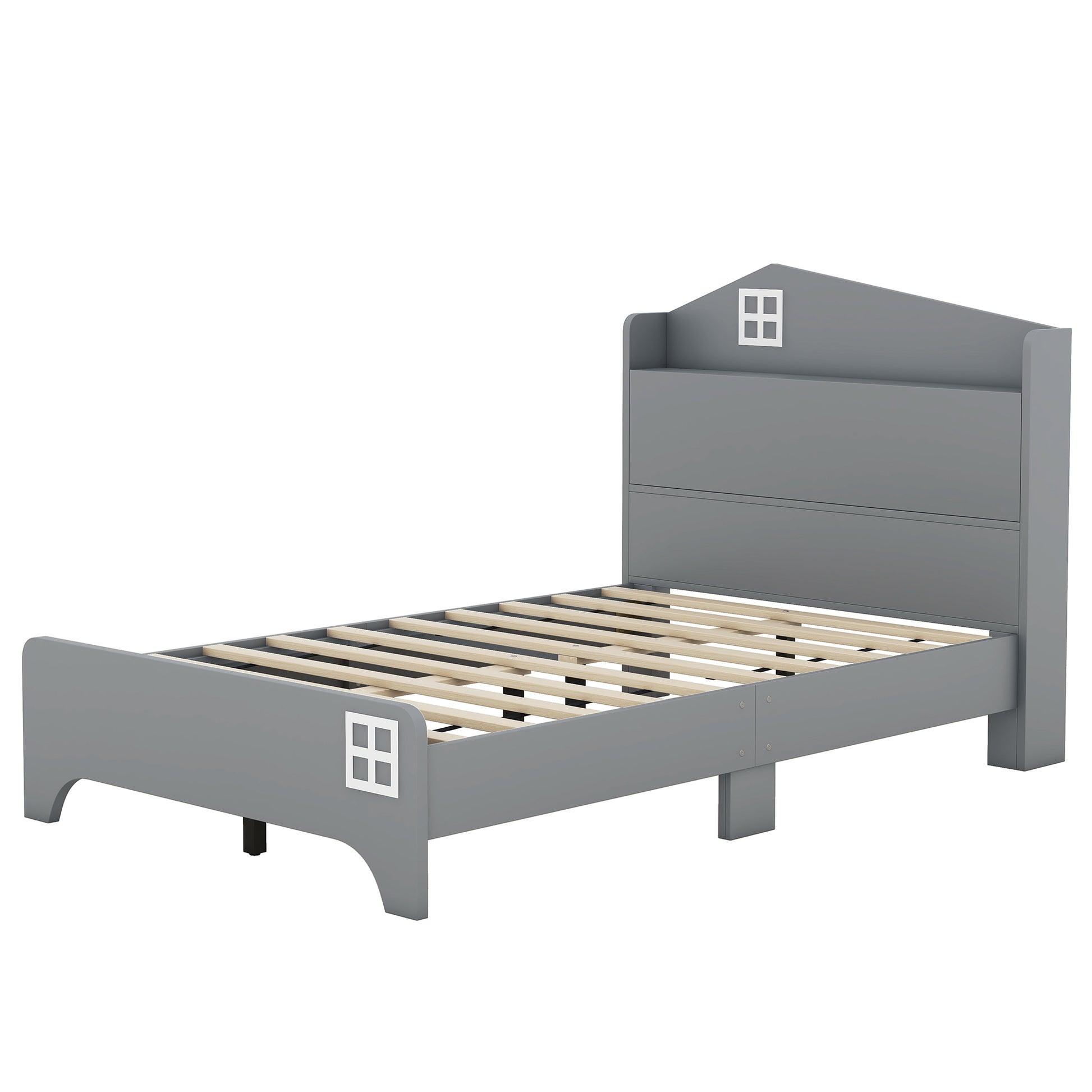 Wooden Twin Size House Bed With Storage Headboard ,Kids Bed With Storage Shelf,Grey Grey Wood