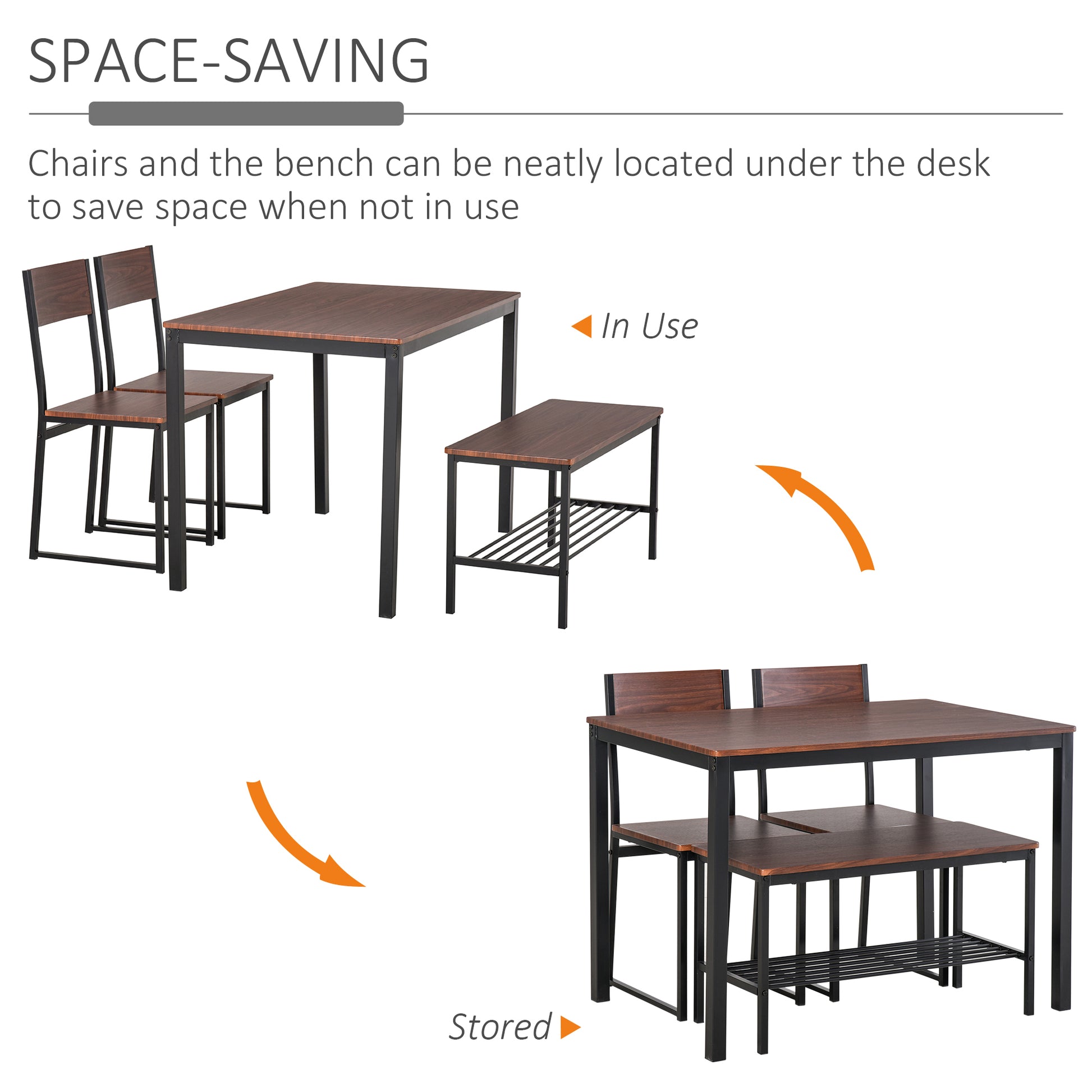 Industrial 4 Piece Dining Room Table Set With Bench Wooden Kitchen Table And Chairs W Storage Rack For Kitchen, Dinette, Black Brown Rustic Brown Mdf