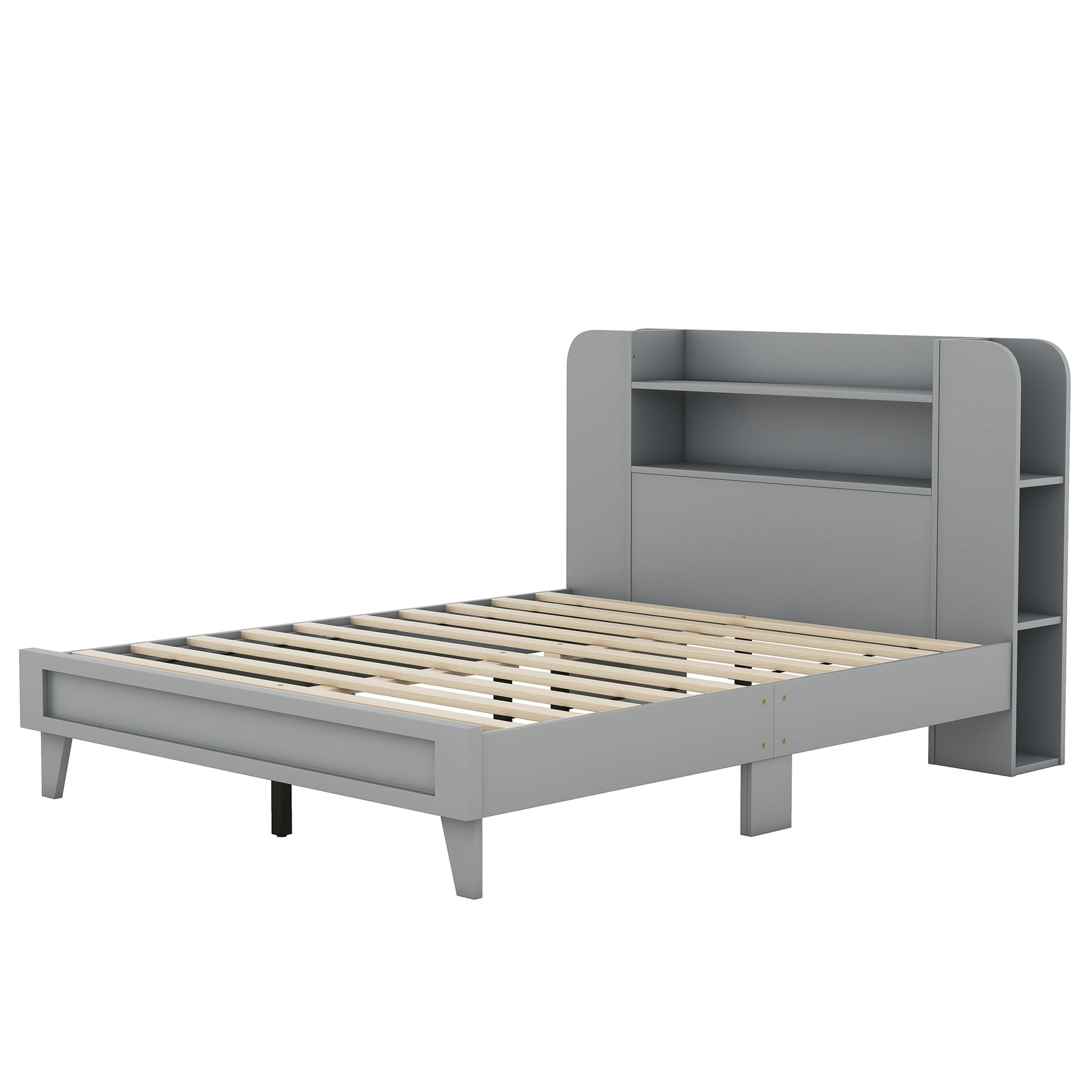 Full Size Platform Bed With Storage Headboard,Multiple Storage Shelves On Both Sides,Grey Grey Wood