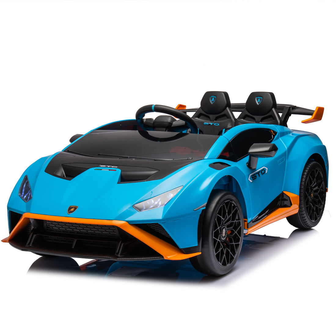 Lamborghini Huracan Sto 24V Kids Electric Ride On Drift Car: Speeds 1.86 5.59 Mph, Ages 3 8, Foam Front Wheels, 360 Spin, Led Lights, Dynamic Music, Early Learning, Usb Port, Drift Feature Blue