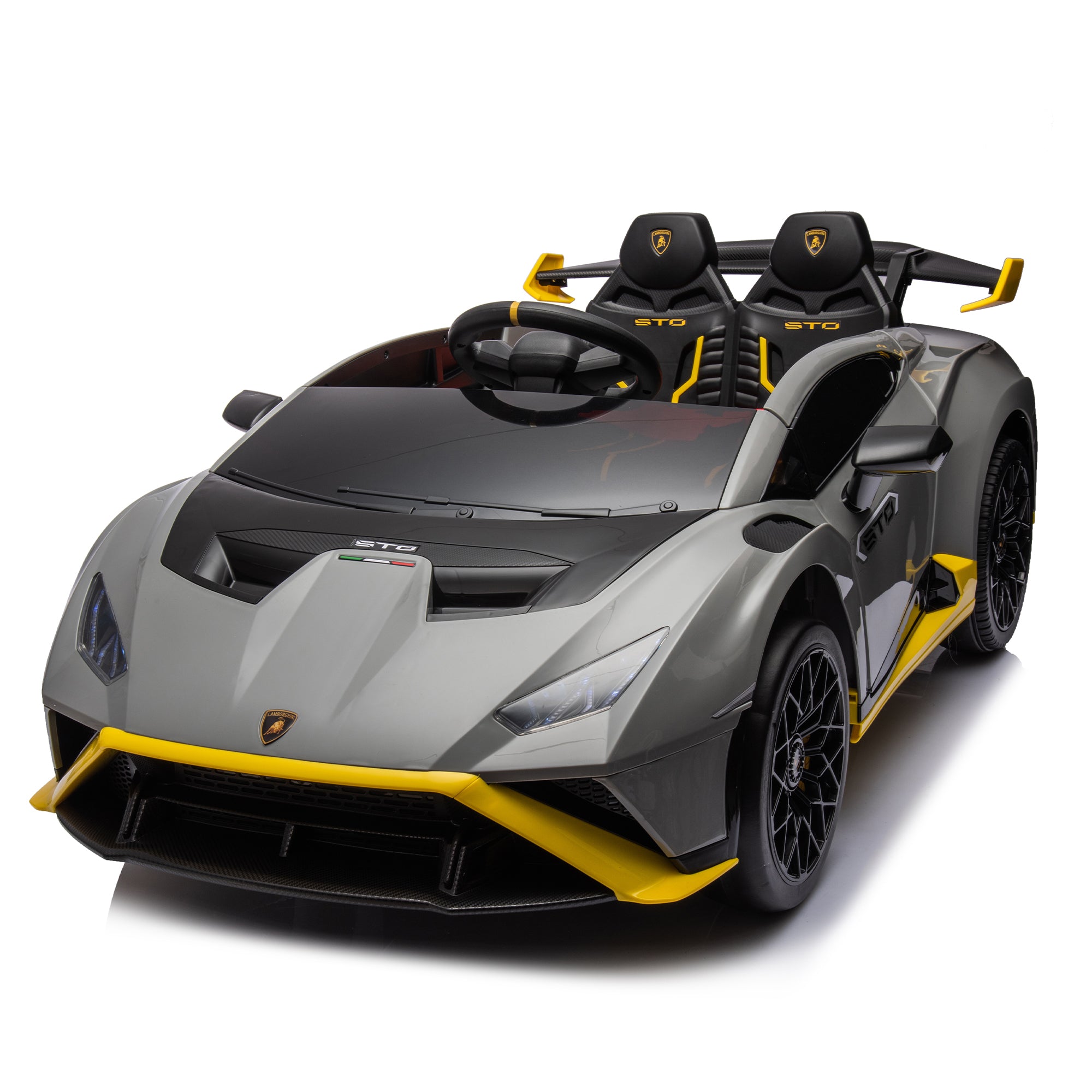 Lamborghini Huracan Sto 24V Kids Electric Ride On Drift Car: Speeds 1.86 5.59 Mph, Ages 3 8, Foam Front Wheels, 360 Spin, Led Lights, Dynamic Music, Early Learning, Usb Port, Drift Feature Gray Polypropylene