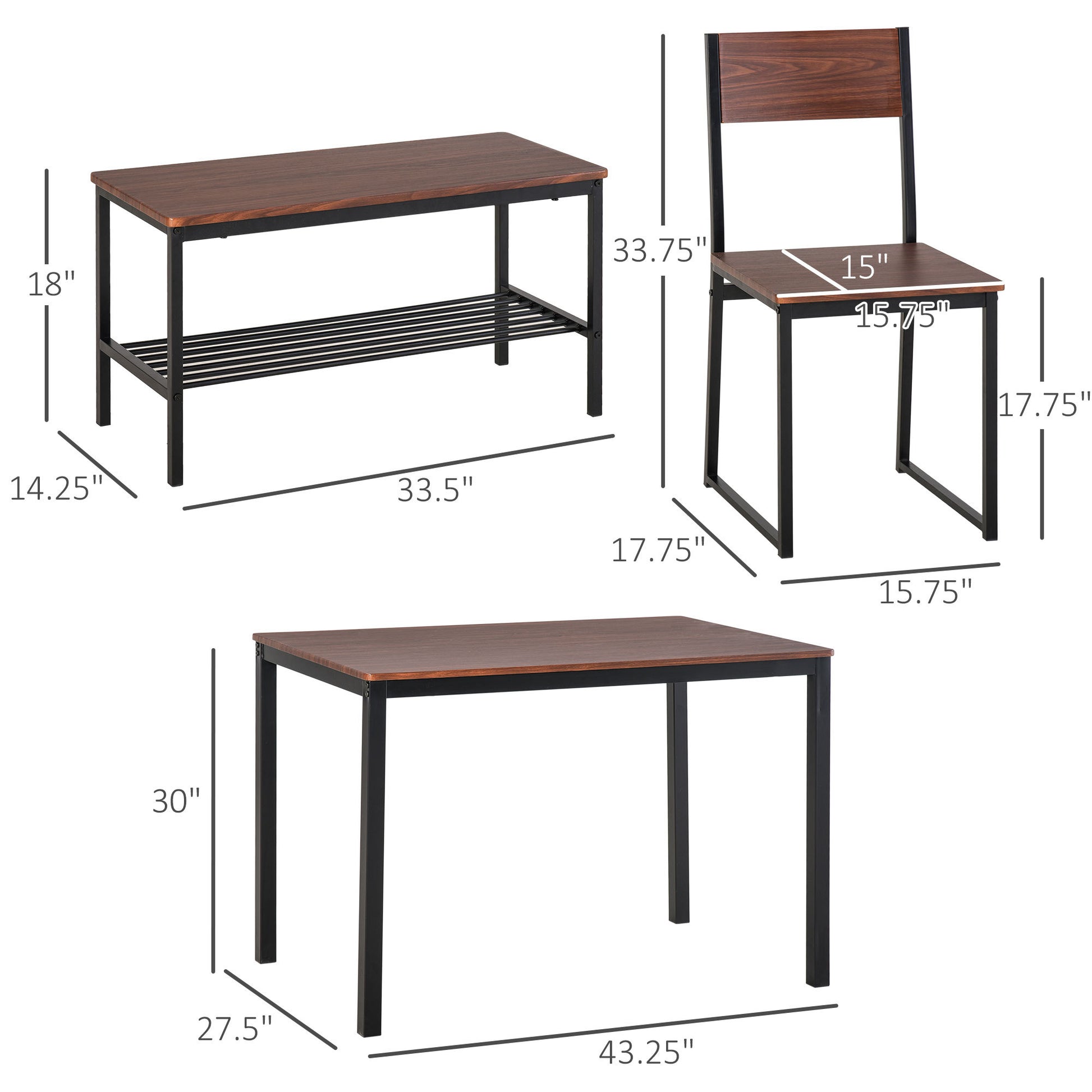Industrial 4 Piece Dining Room Table Set With Bench Wooden Kitchen Table And Chairs W Storage Rack For Kitchen, Dinette, Black Brown Rustic Brown Mdf