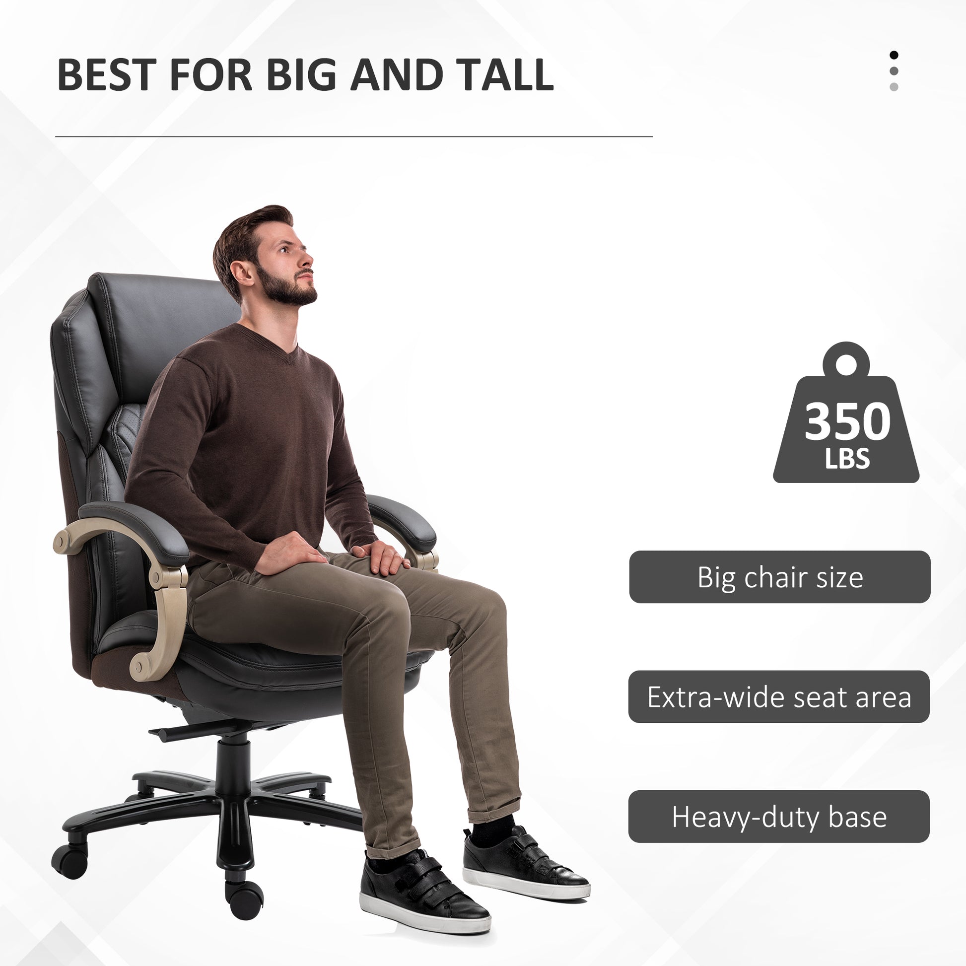 Big And Tall Executive Office Chair With Wide Seat, Computer Desk Chair With High Back Diamond Stitching, Adjustable Height & Swivel Wheels, Brown Brown Pu Leather
