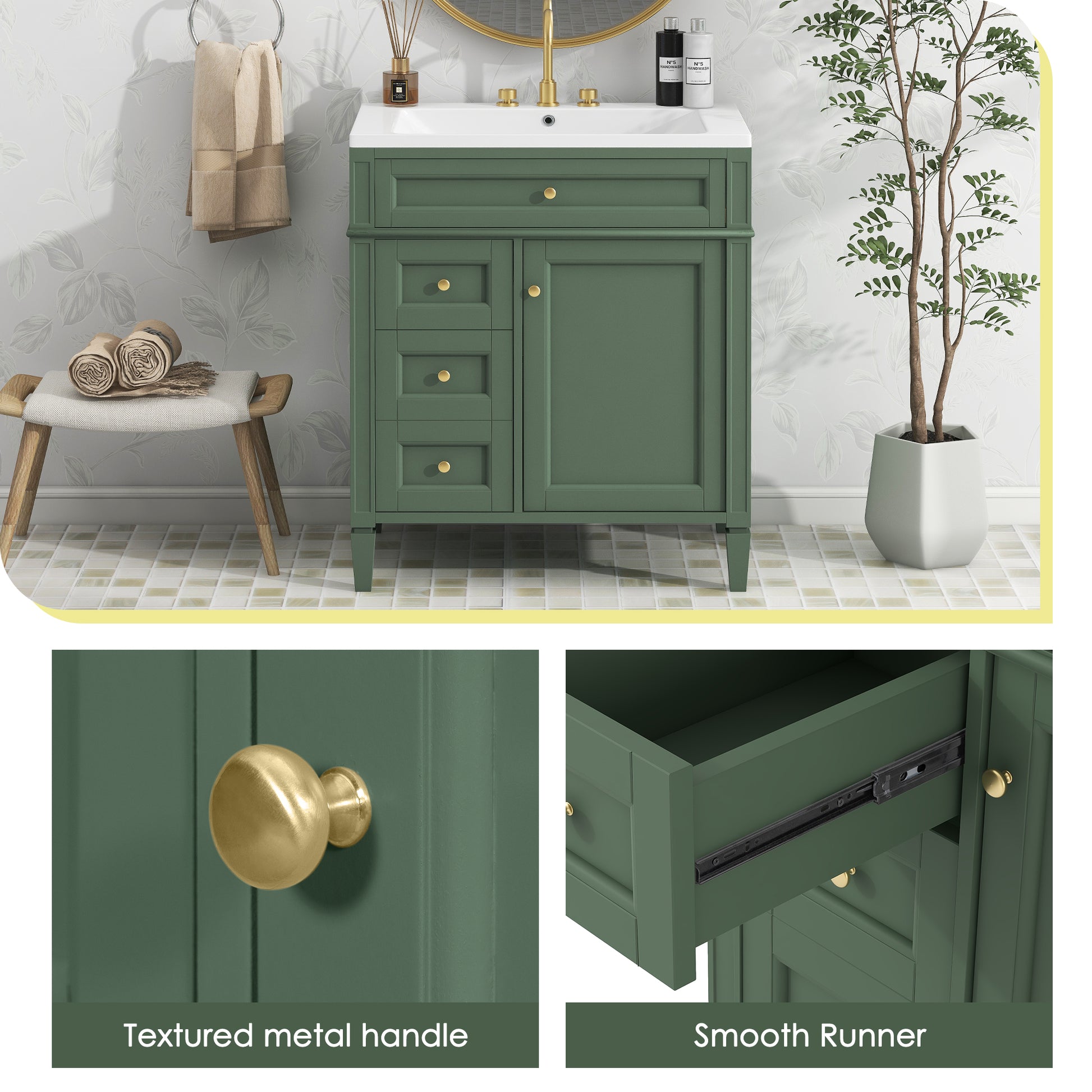 30'' Bathroom Vanity With Top Sink, Modern Bathroom Storage Cabinet With 2 Drawers And A Tip Out Drawer, Single Sink Bathroom Vanity Same As Sw000103Aaf Green Mdf