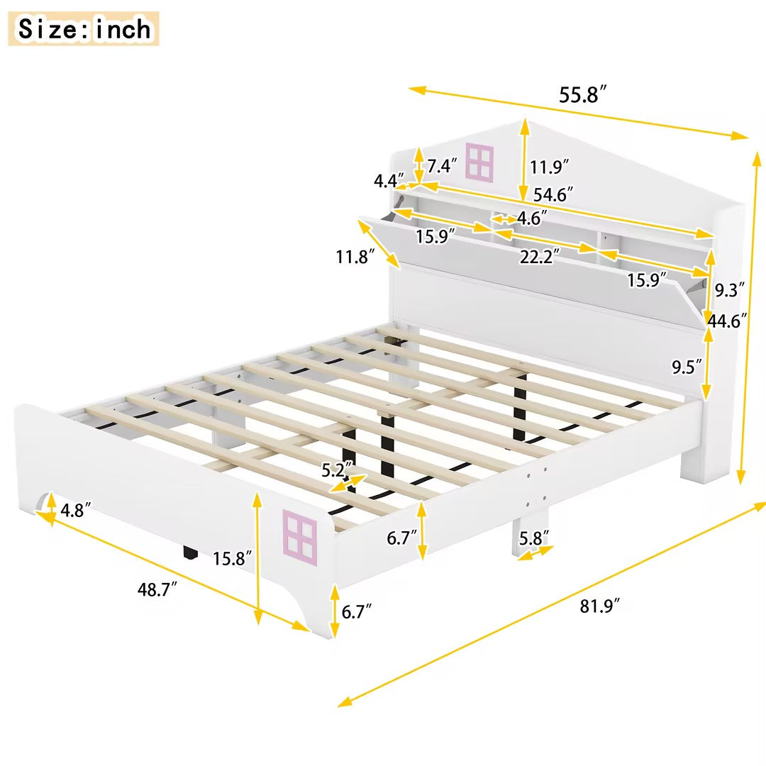 Wooden Full Size House Bed With Storage Headboard ,Kids Bed With Storage Shelf,White White Wood