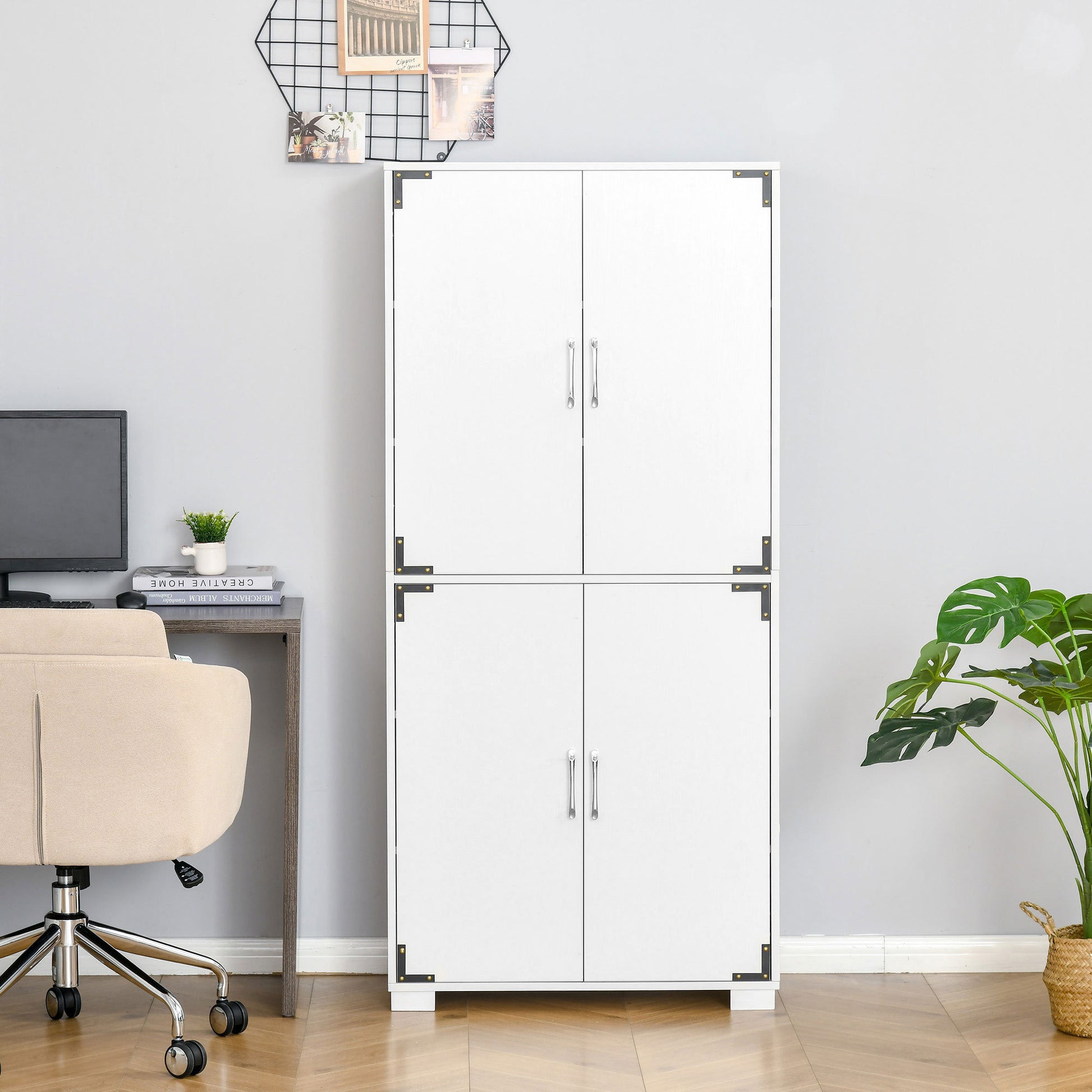 Industrial Kitchen Pantry Cabinet With 4 Door Cupboard And Storage Shelves, Freestanding Storage Cabinet, White White Engineered Wood